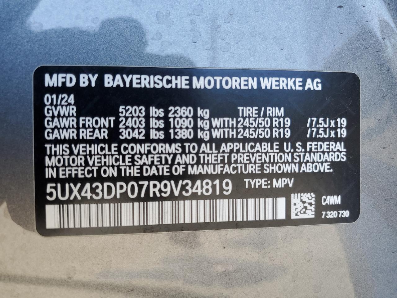 5UX43DP07R9V34819 2024 BMW X3 Sdrive30I