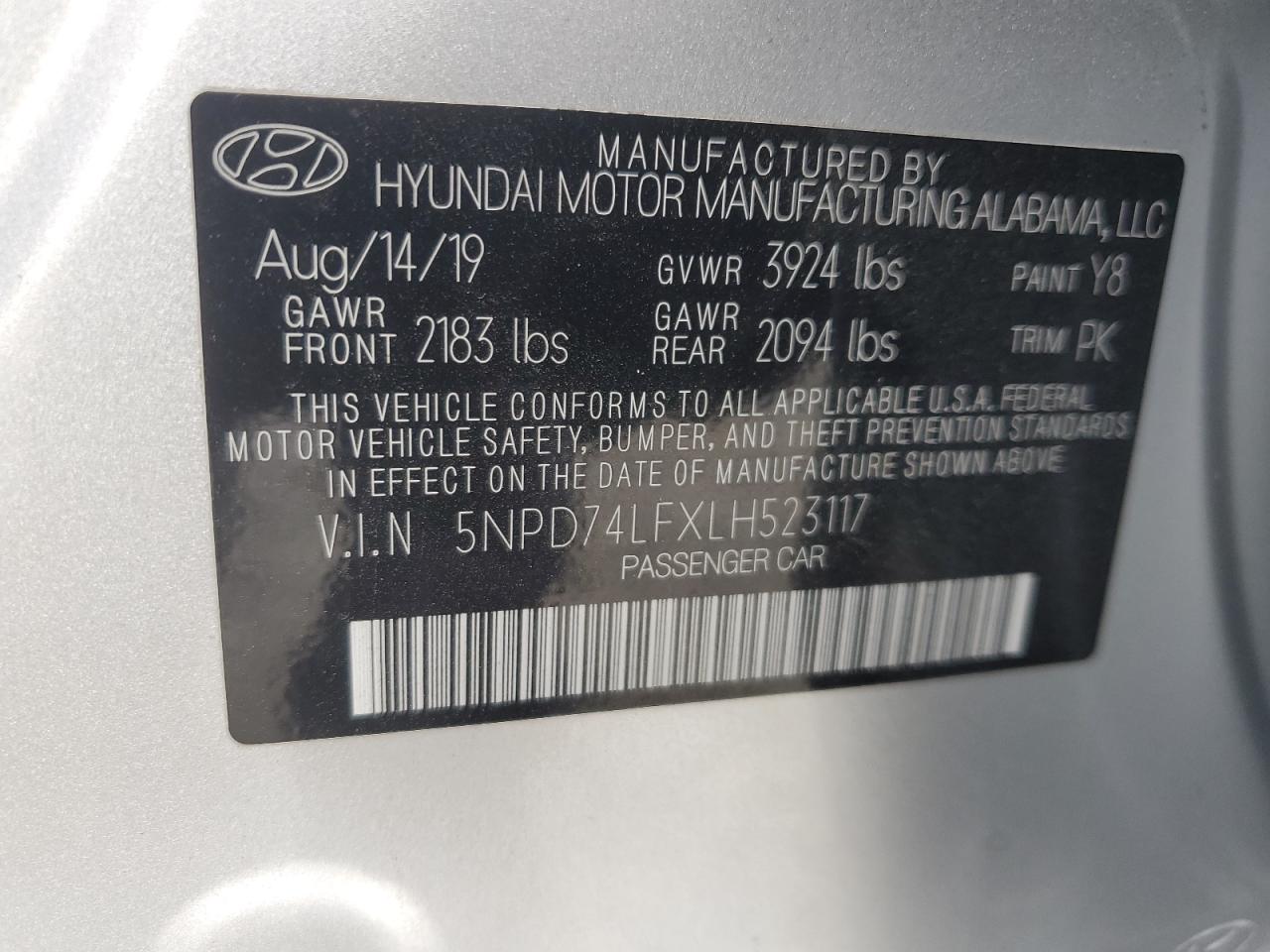 5NPD74LFXLH523117 2020 Hyundai Elantra Se