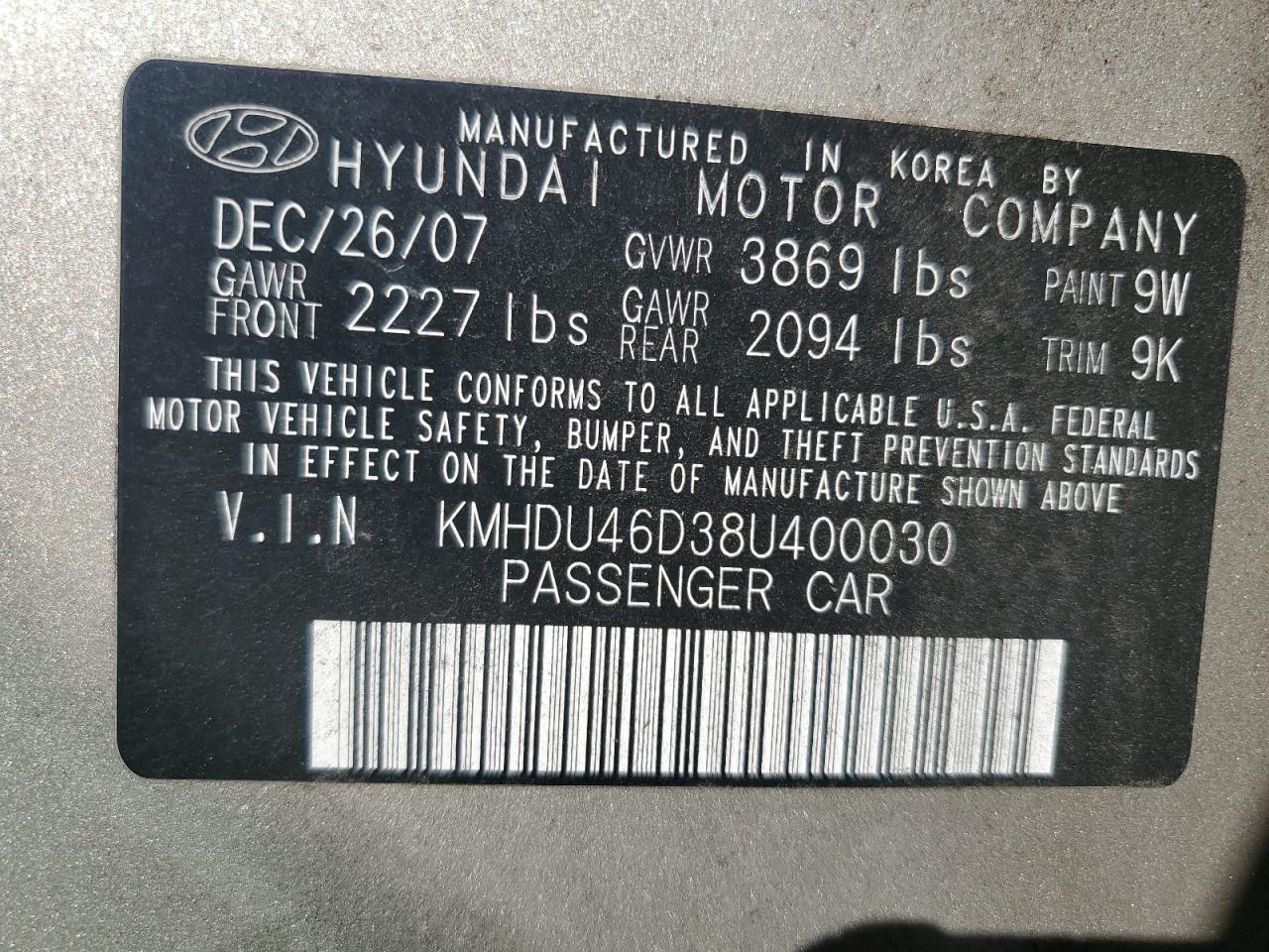 KMHDU46D38U400030 2008 Hyundai Elantra Gls