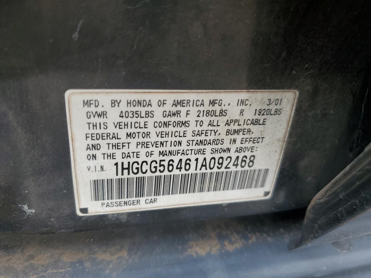 1HGCG56461A092468 2001 Honda Accord Lx