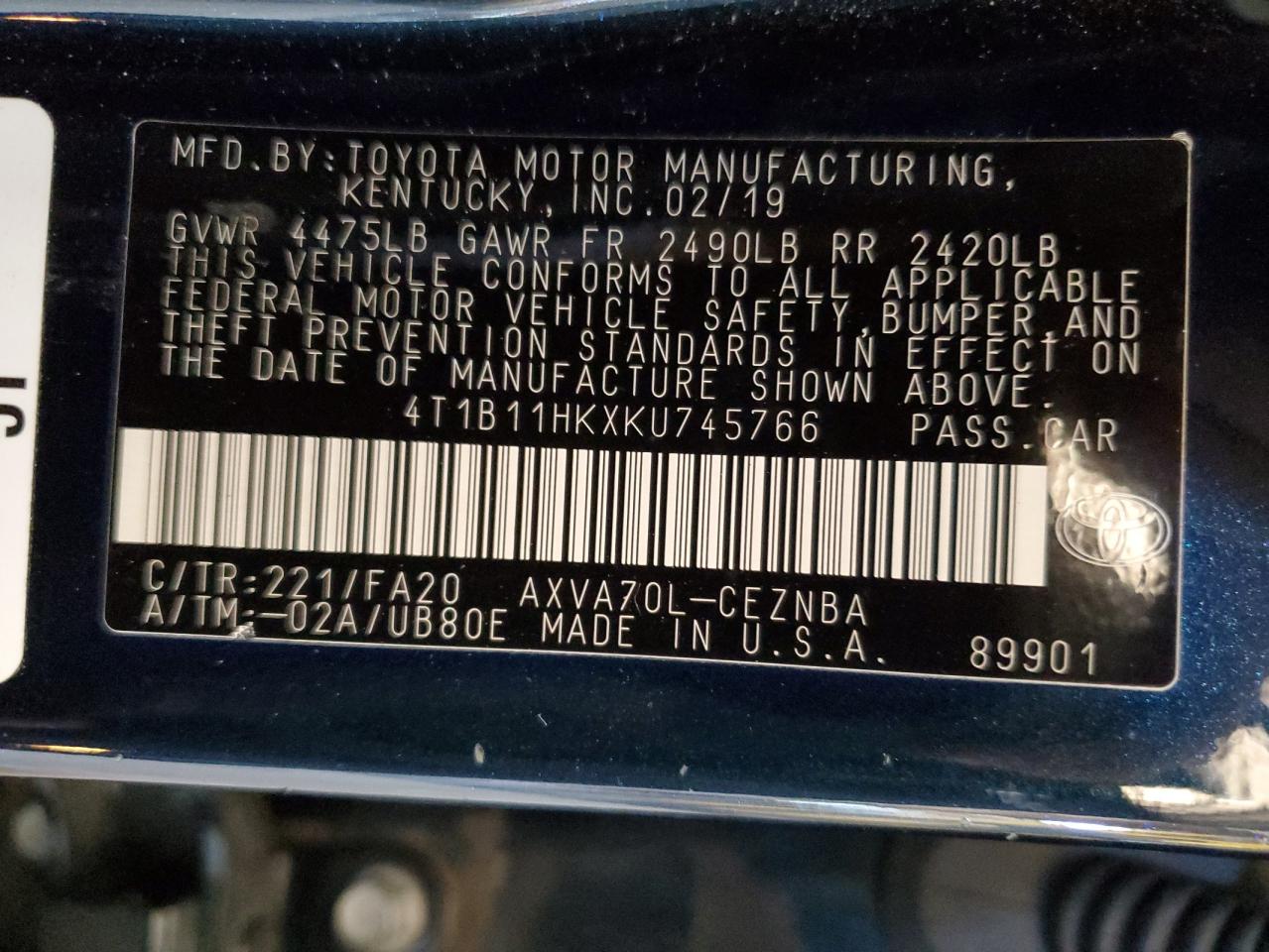 4T1B11HKXKU745766 2019 Toyota Camry L