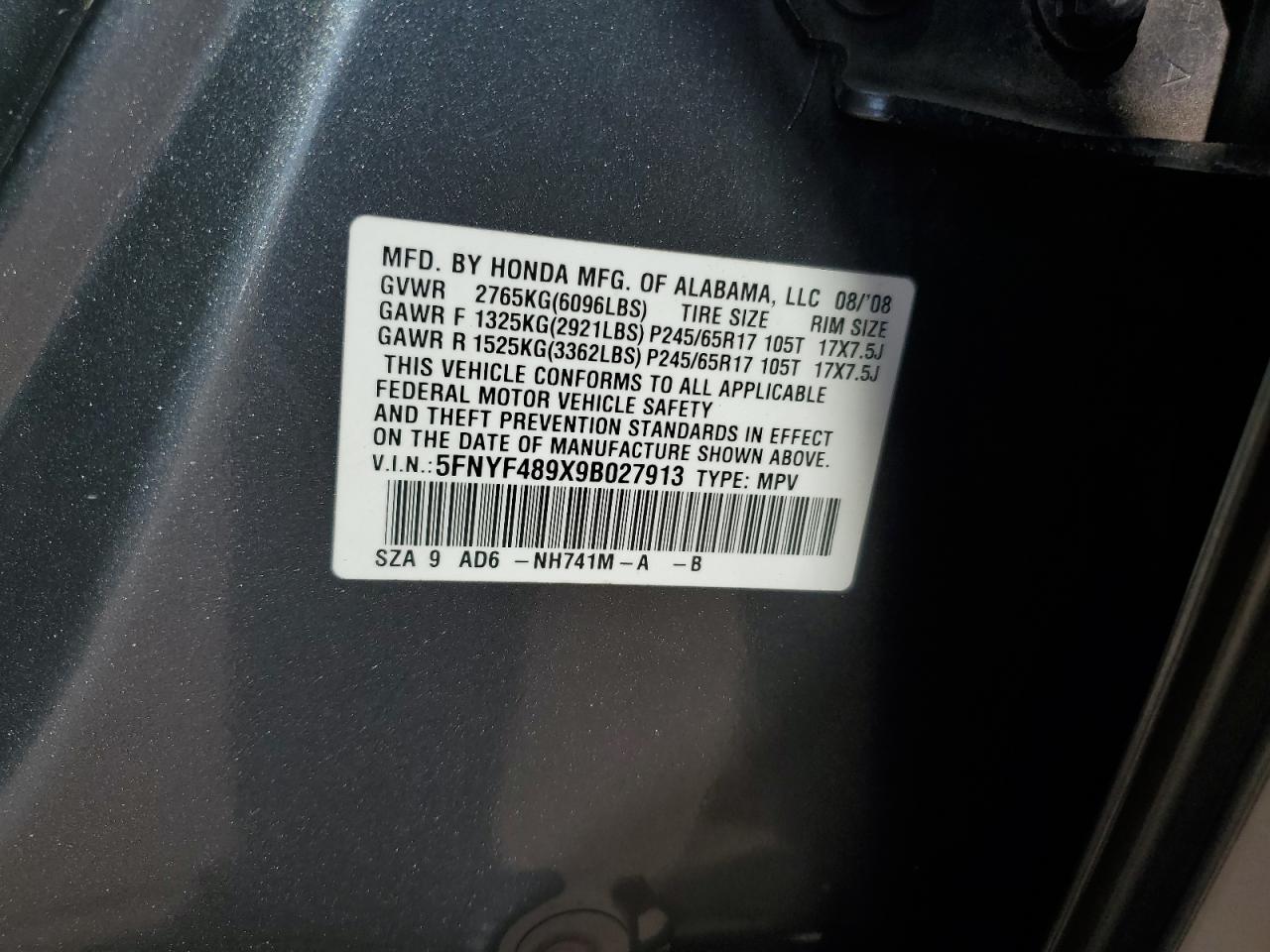 5FNYF489X9B027913 2009 Honda Pilot Touring