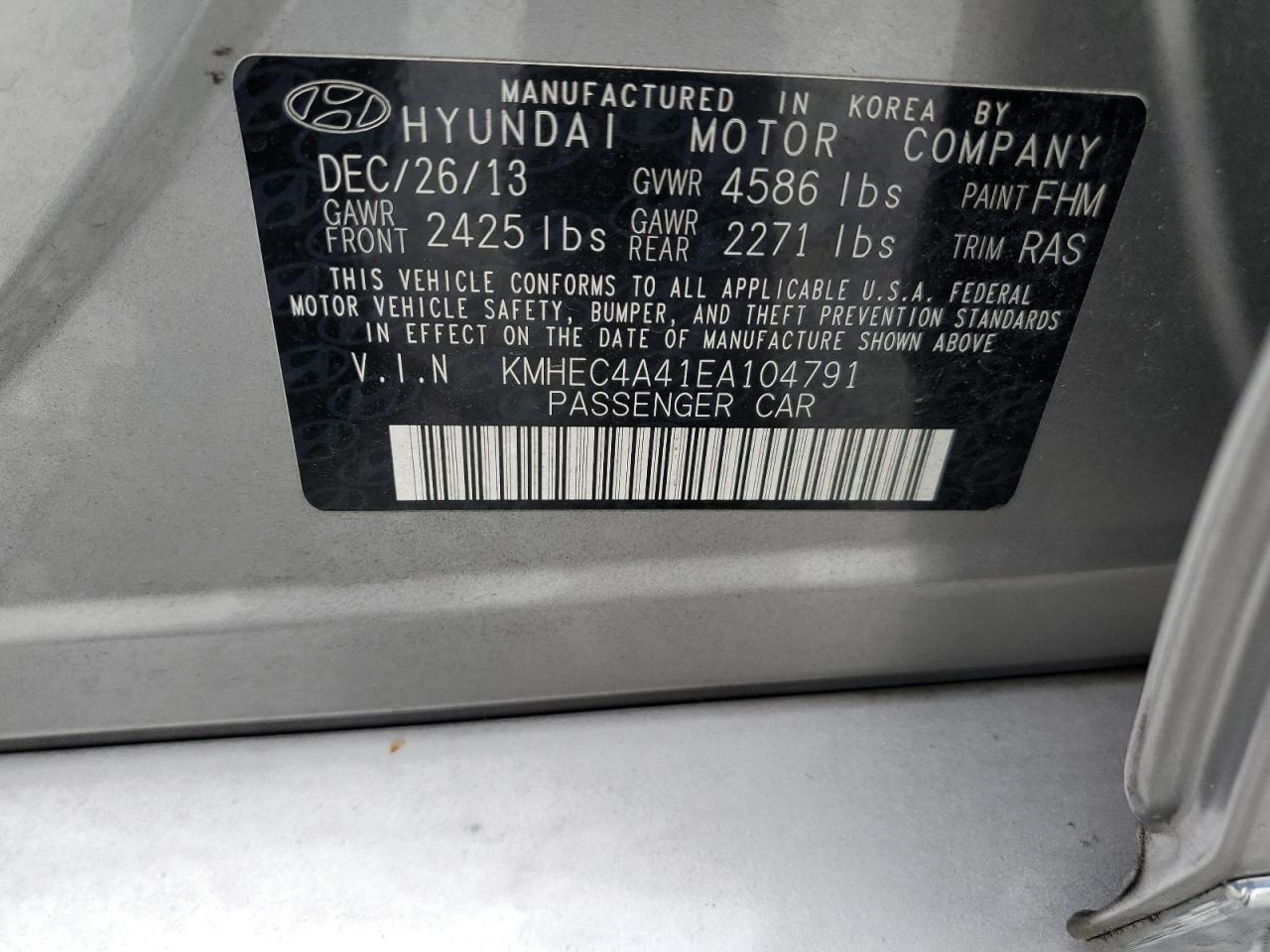 KMHEC4A41EA104791 2014 Hyundai Sonata Hybrid