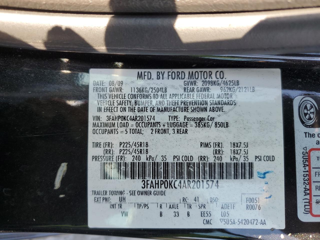 2010 Ford Fusion Sport VIN: 3FAHP0KC4AR201574 Lot: 71383124