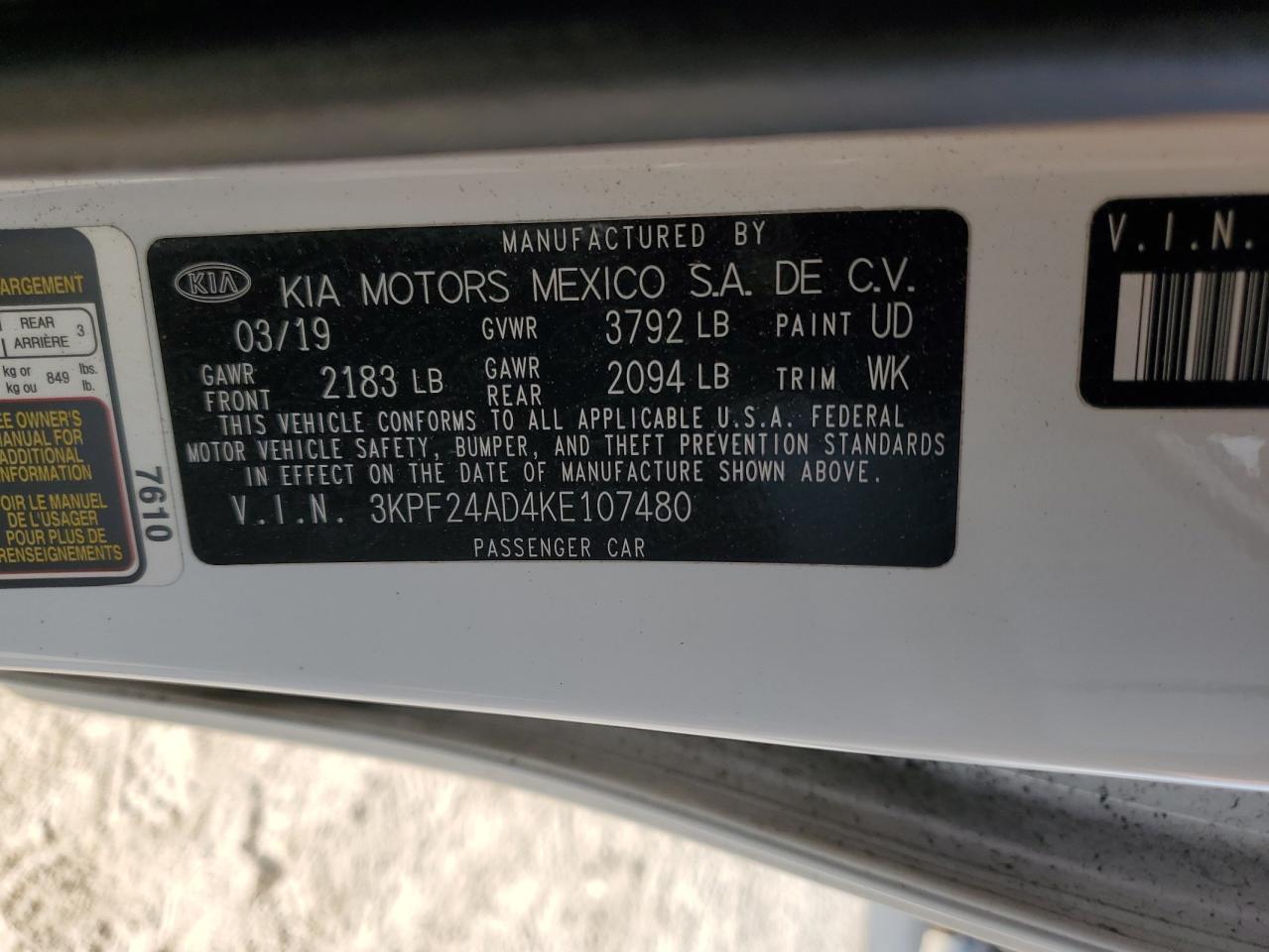 3KPF24AD4KE107480 2019 Kia Forte Fe