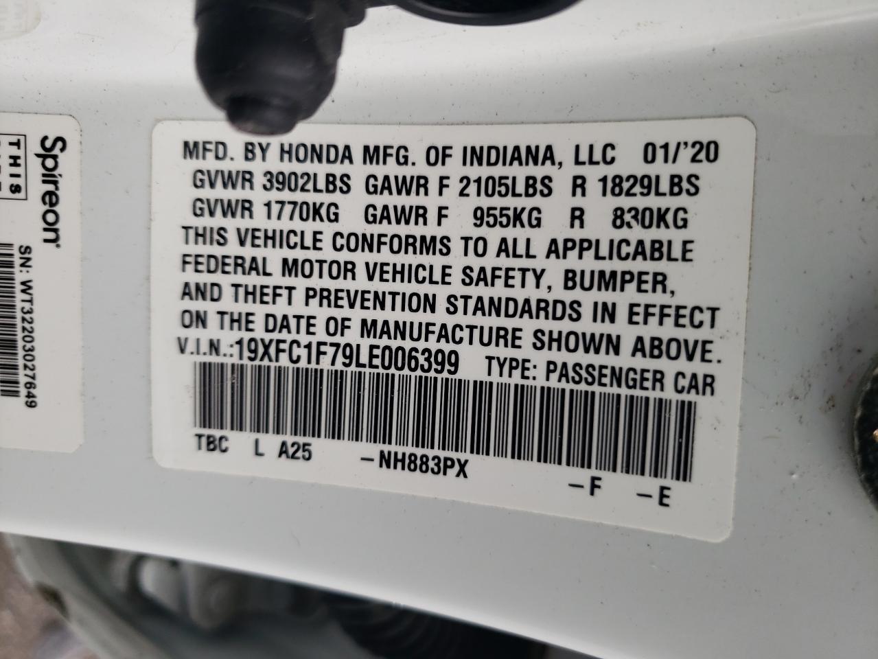 19XFC1F79LE006399 2020 Honda Civic Exl