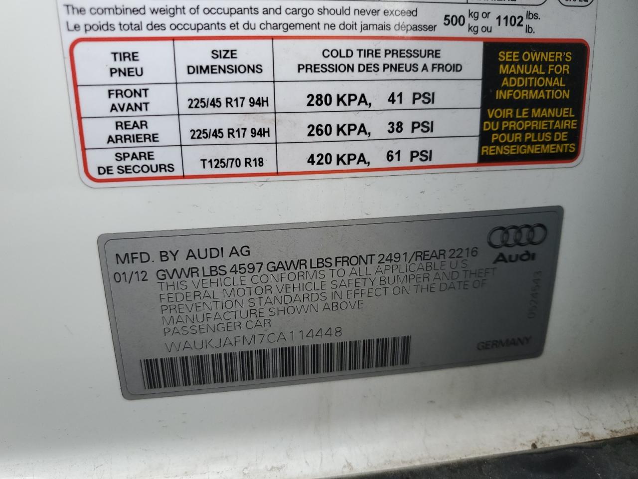 2012 Audi A3 Premium Plus VIN: WAUKJAFM7CA114448 Lot: 71649424