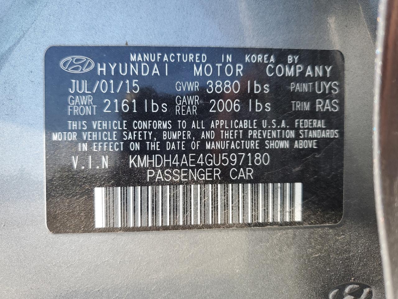 KMHDH4AE4GU597180 2016 Hyundai Elantra Se