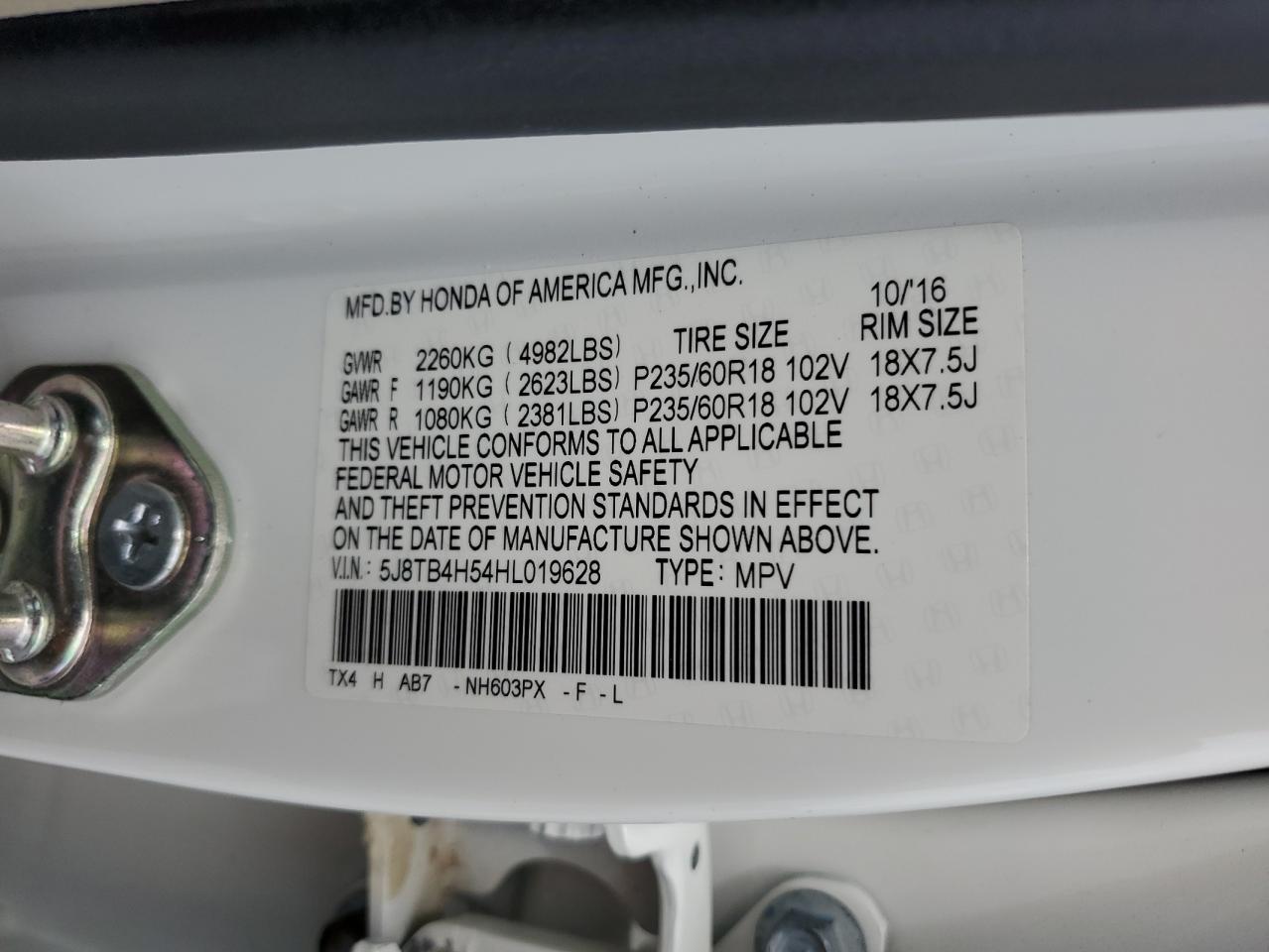 5J8TB4H54HL019628 2017 Acura Rdx Technology