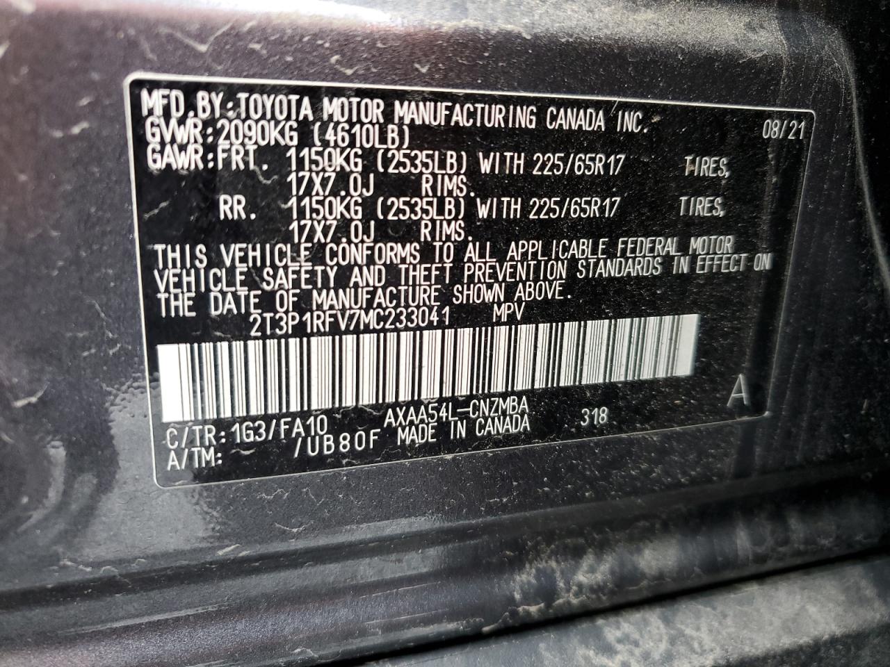 2T3P1RFV7MC233041 2021 Toyota Rav4 Xle