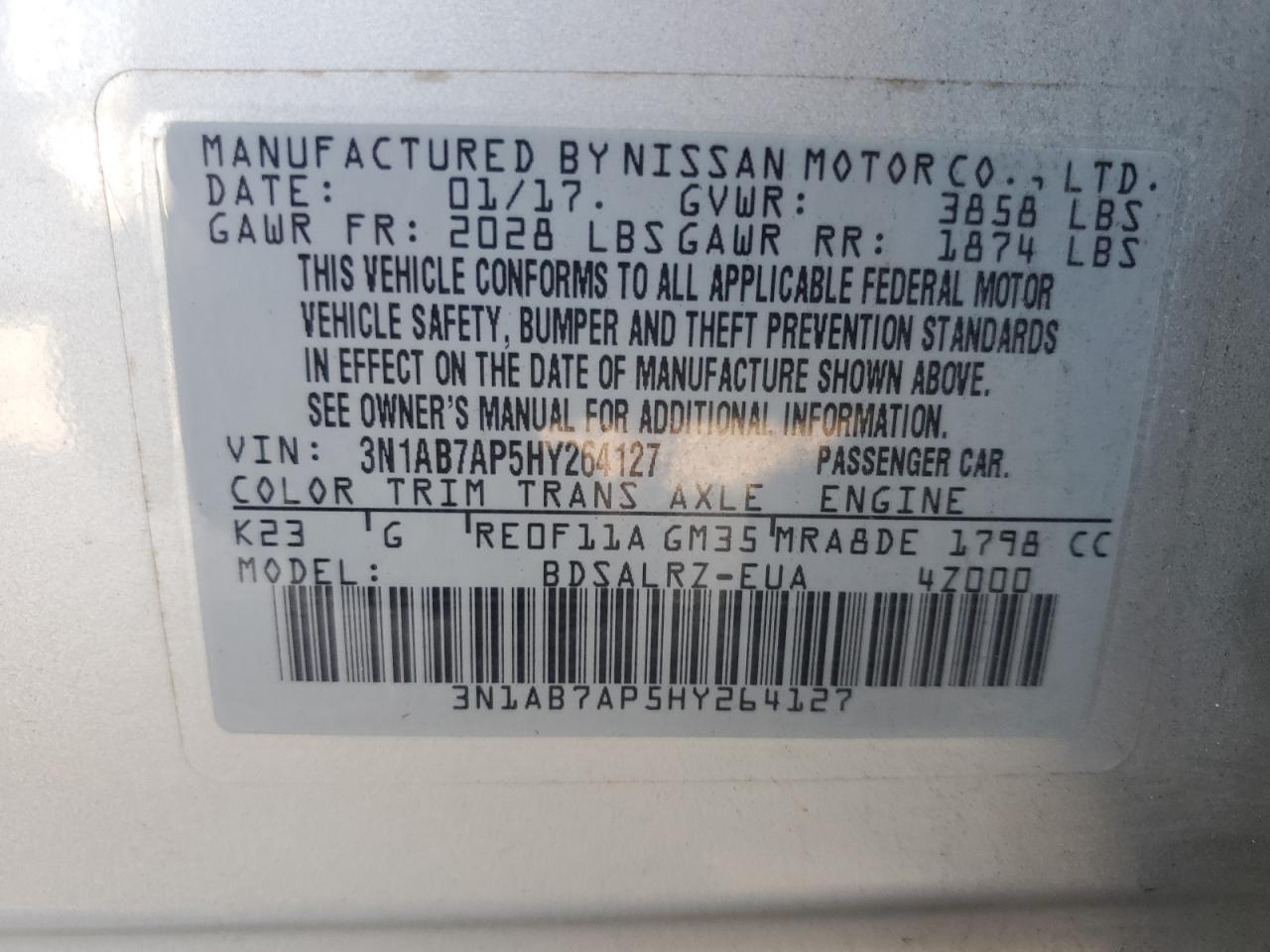 3N1AB7AP5HY264127 2017 Nissan Sentra S