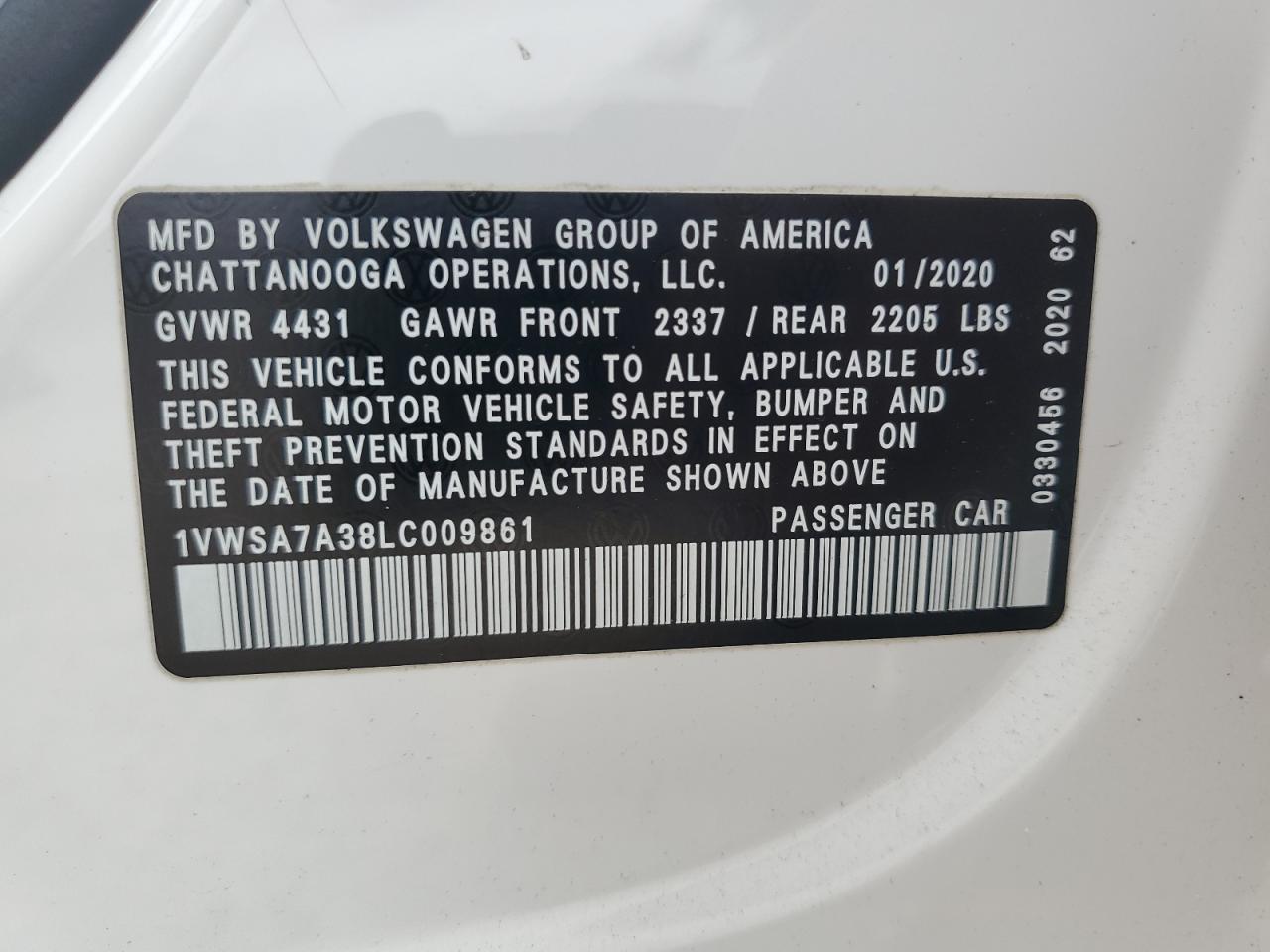 1VWSA7A38LC009861 2020 Volkswagen Passat Se