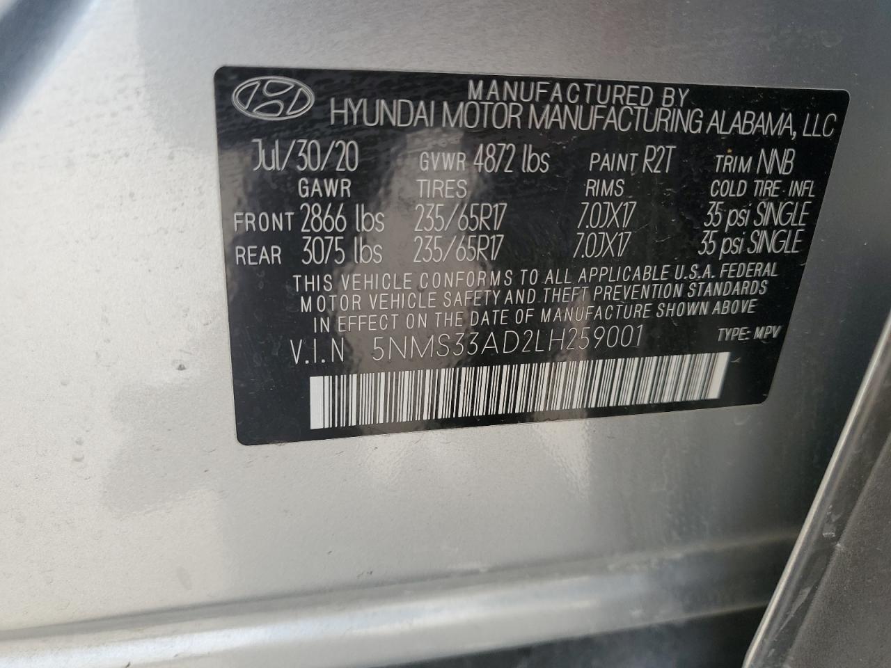 5NMS33AD2LH259001 2020 Hyundai Santa Fe Sel