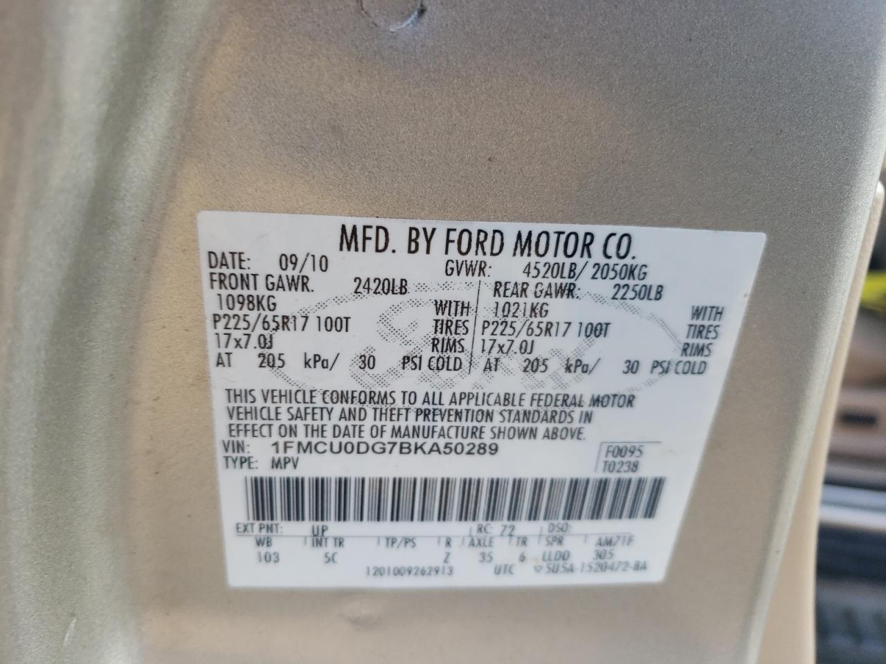 2011 Ford Escape Xlt VIN: 1FMCU0DG7BKA50289 Lot: 72620964