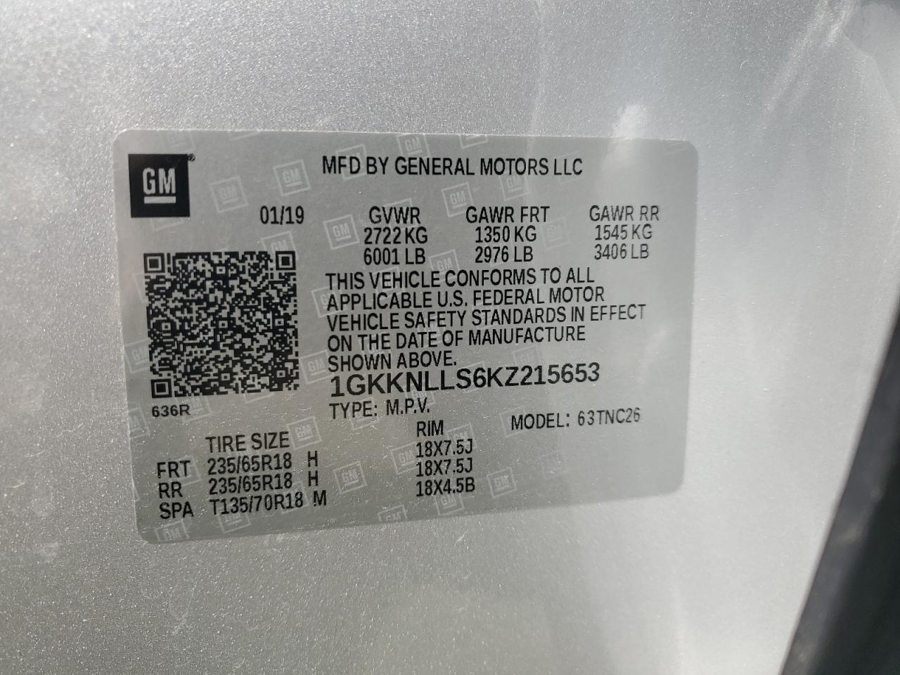 1GKKNLLS6KZ215653 2019 GMC Acadia Sle