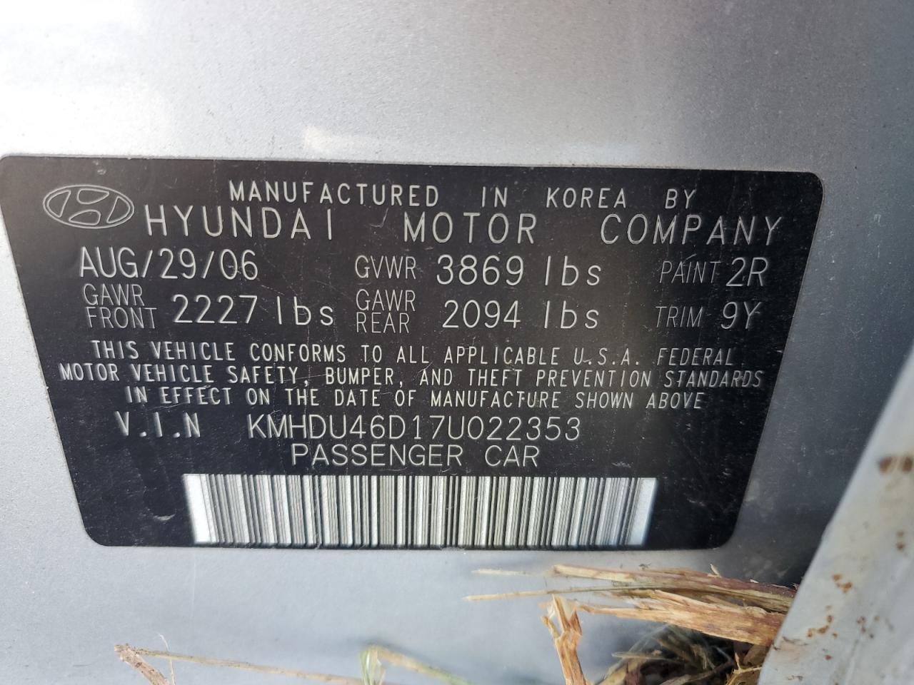 2007 Hyundai Elantra Gls VIN: KMHDU46D17U022353 Lot: 69721814