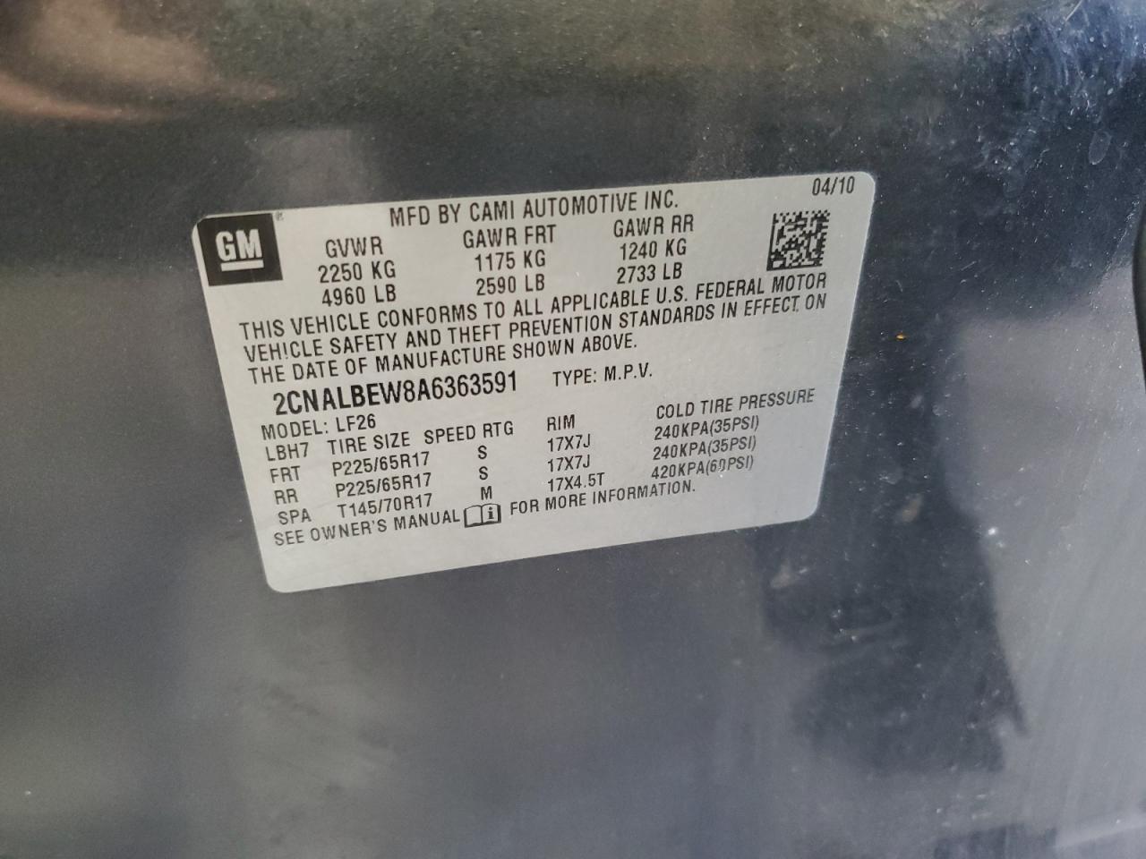 2CNALBEW8A6363591 2010 Chevrolet Equinox Ls