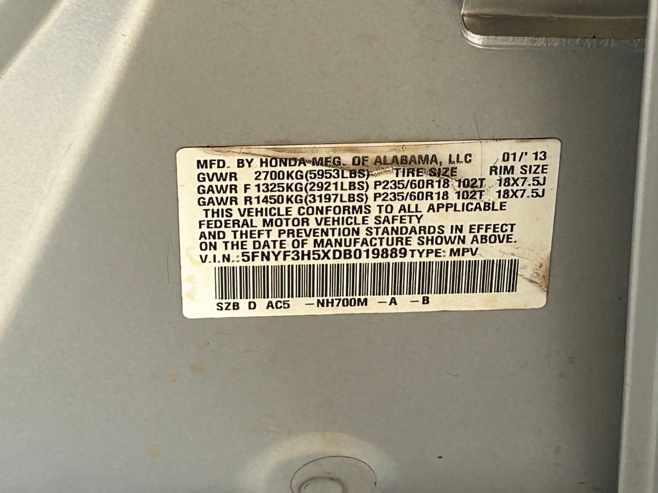 5FNYF3H5XDB019889 2013 Honda Pilot Exl