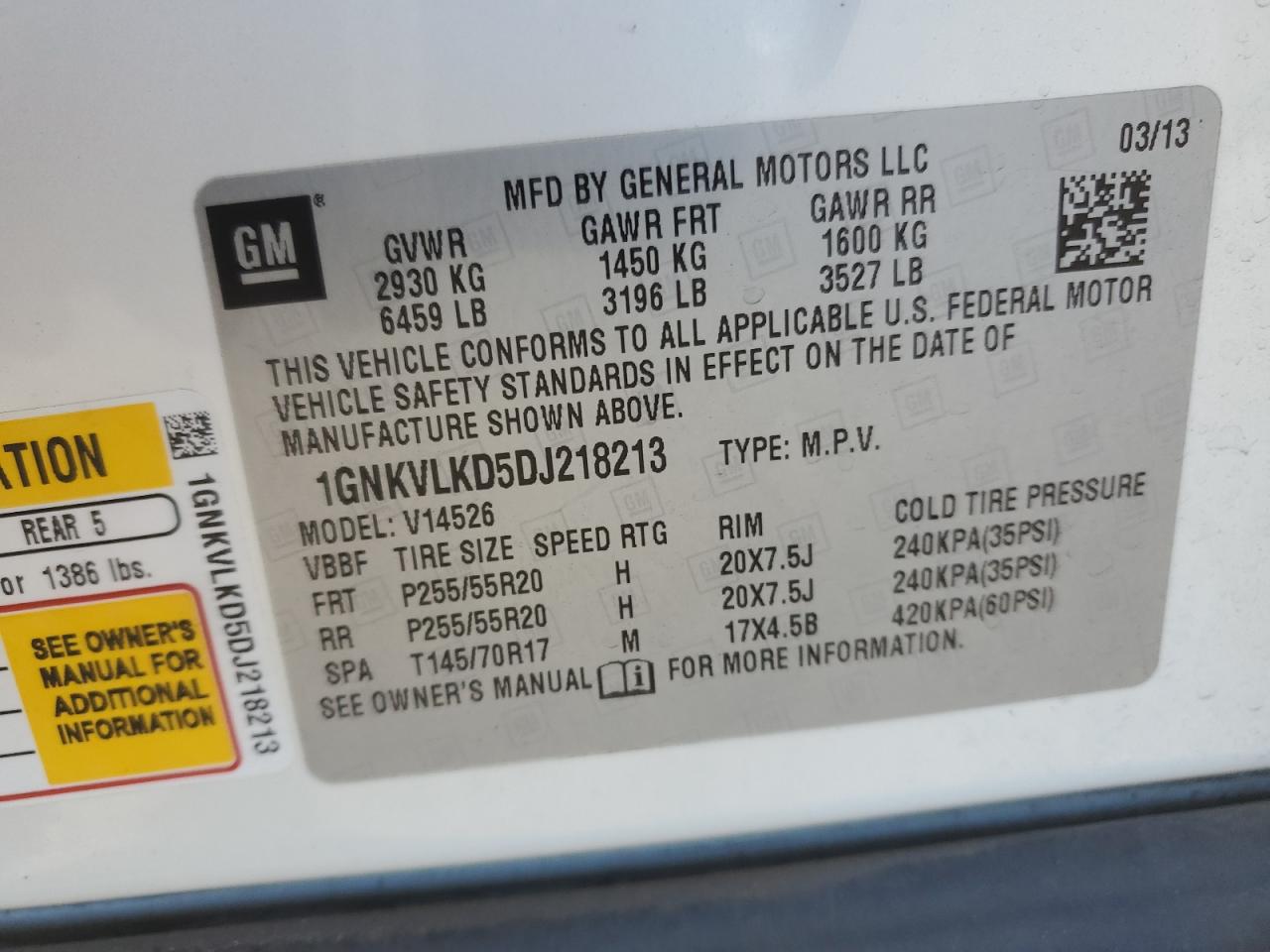 VIN 1GNKVLKD5DJ218213 2013 CHEVROLET TRAVERSE no.13