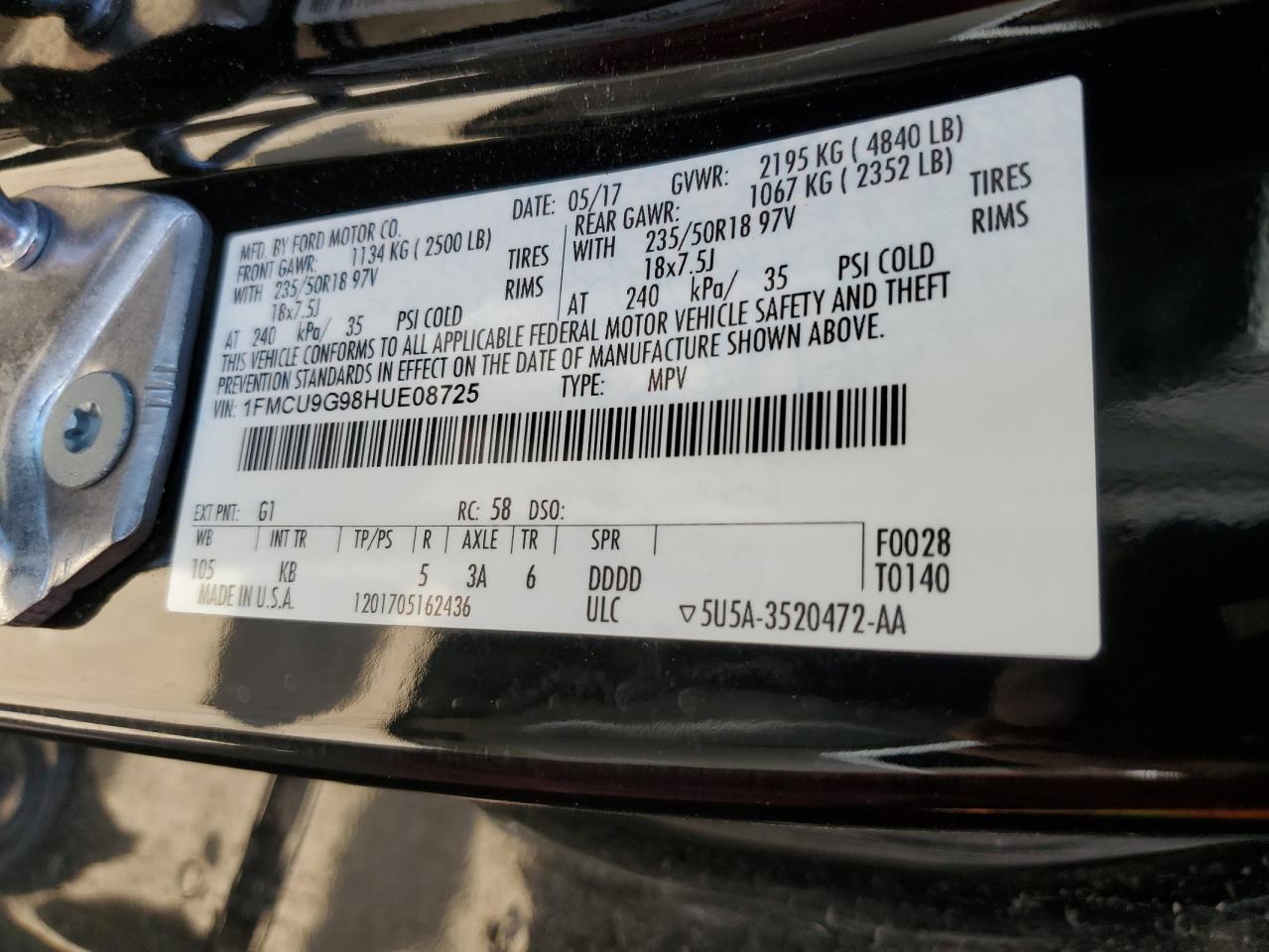 1FMCU9G98HUE08725 2017 Ford Escape Se