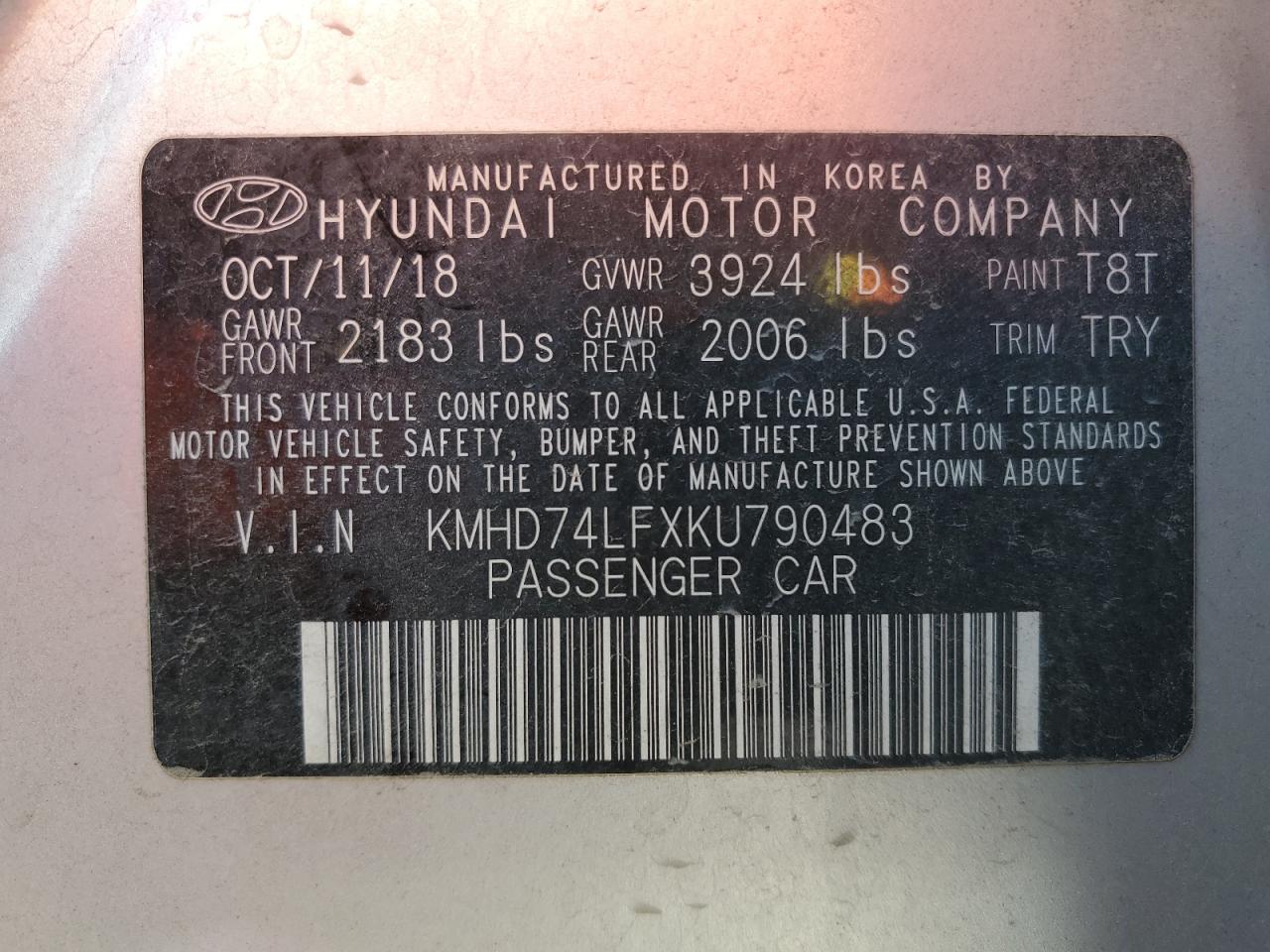 KMHD74LFXKU790483 2019 Hyundai Elantra Se