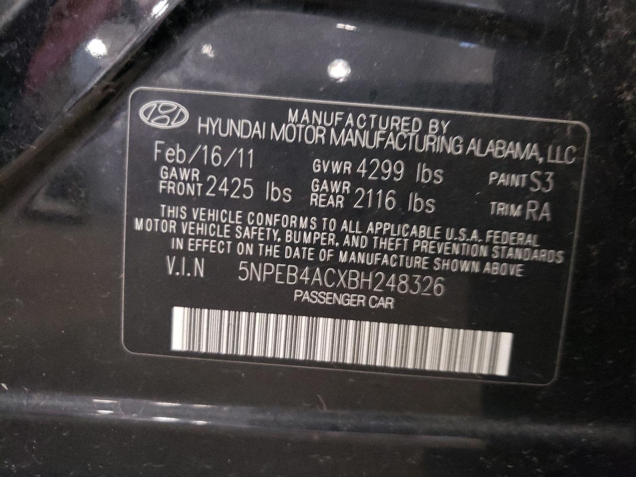 2011 Hyundai Sonata Gls VIN: 5NPEB4ACXBH248326 Lot: 72329664