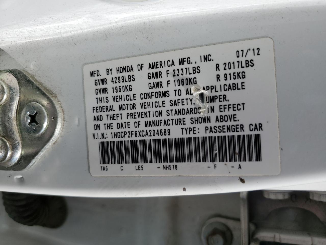 1HGCP2F6XCA204689 2012 Honda Accord Se