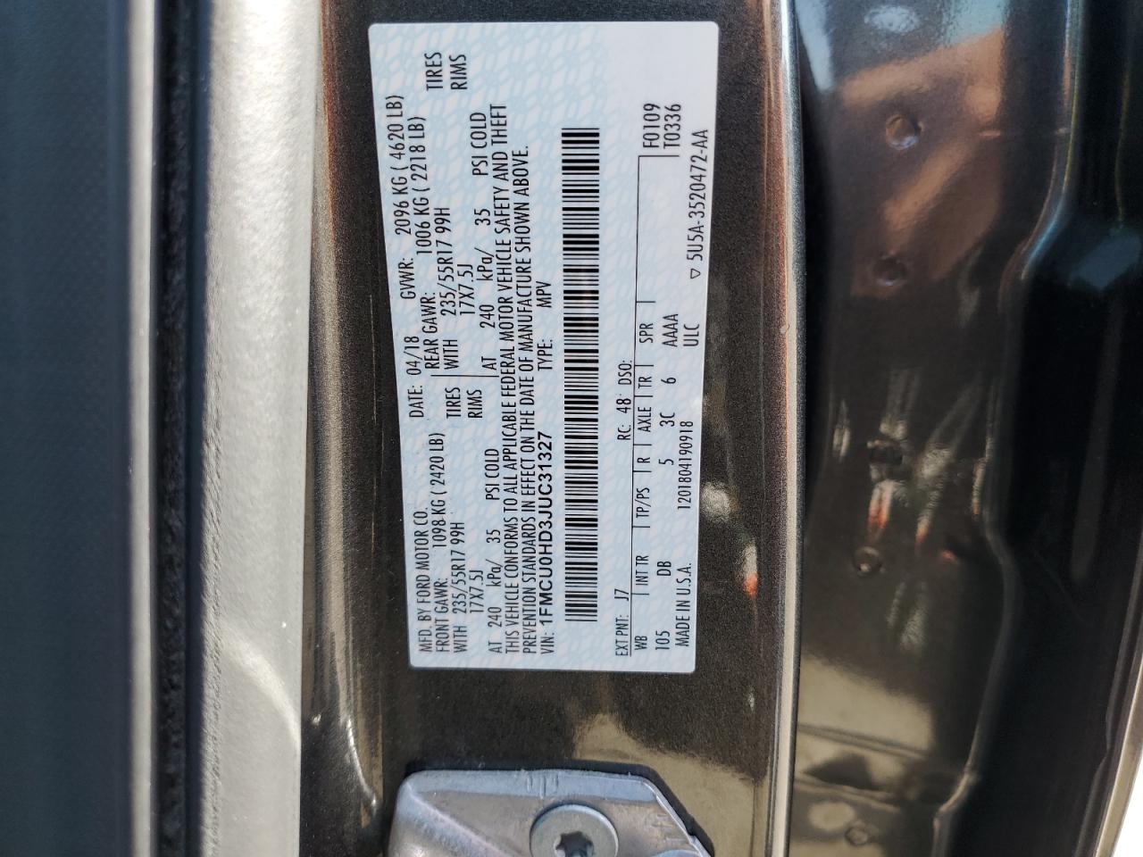 1FMCU0HD3JUC31327 2018 Ford Escape Sel