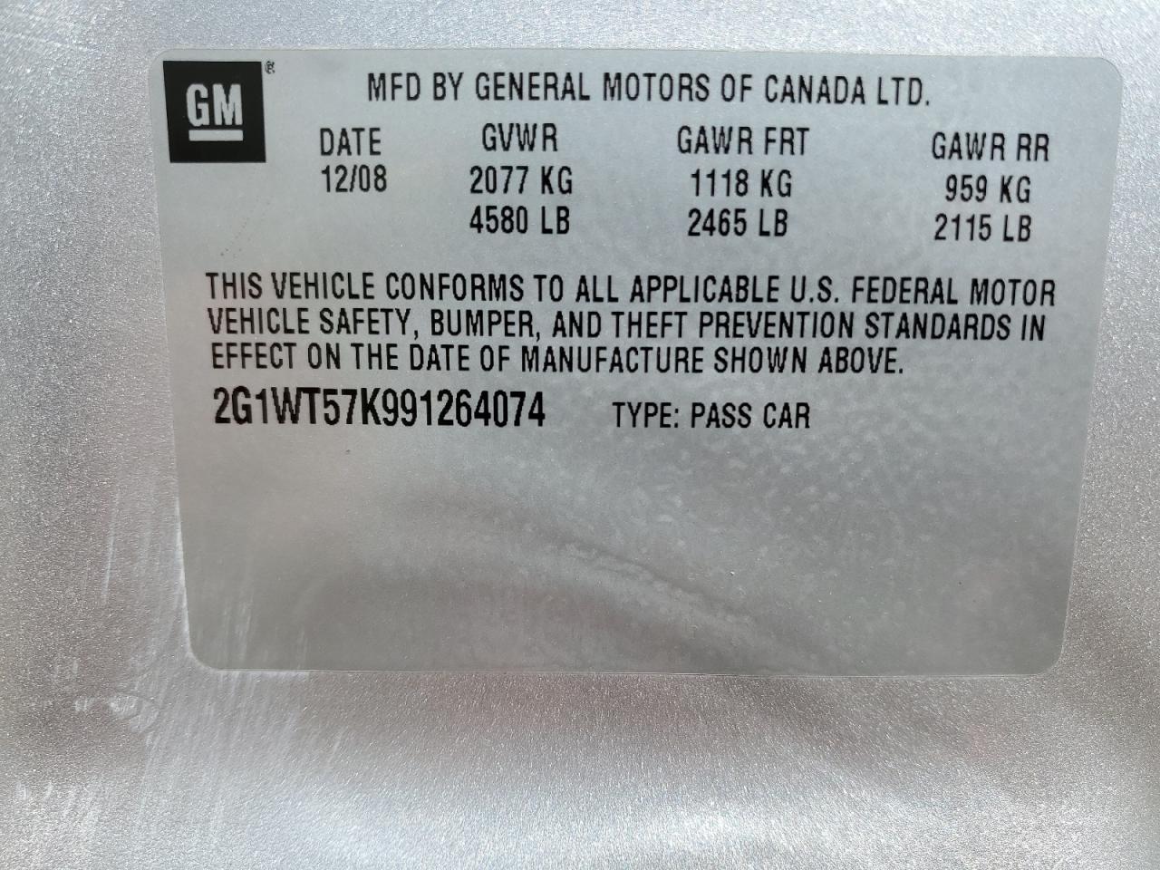 2G1WT57K991264074 2009 Chevrolet Impala 1Lt