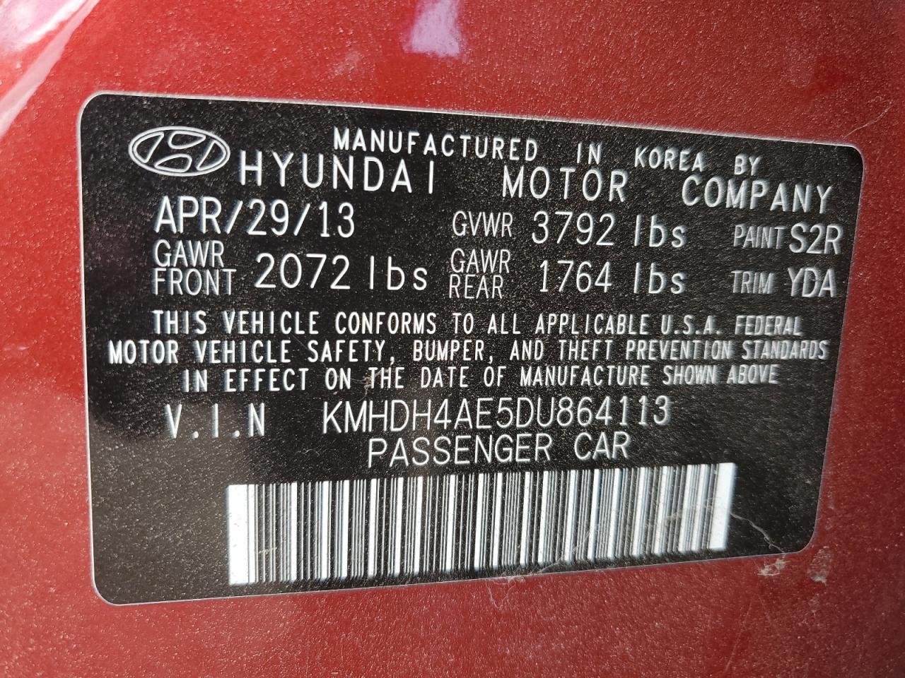 KMHDH4AE5DU864113 2013 Hyundai Elantra Gls