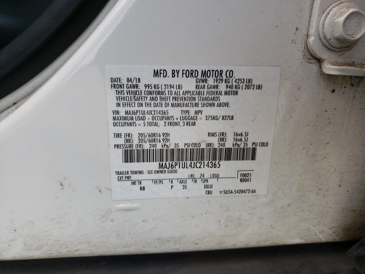 MAJ6P1UL4JC214365 2018 Ford Ecosport Se