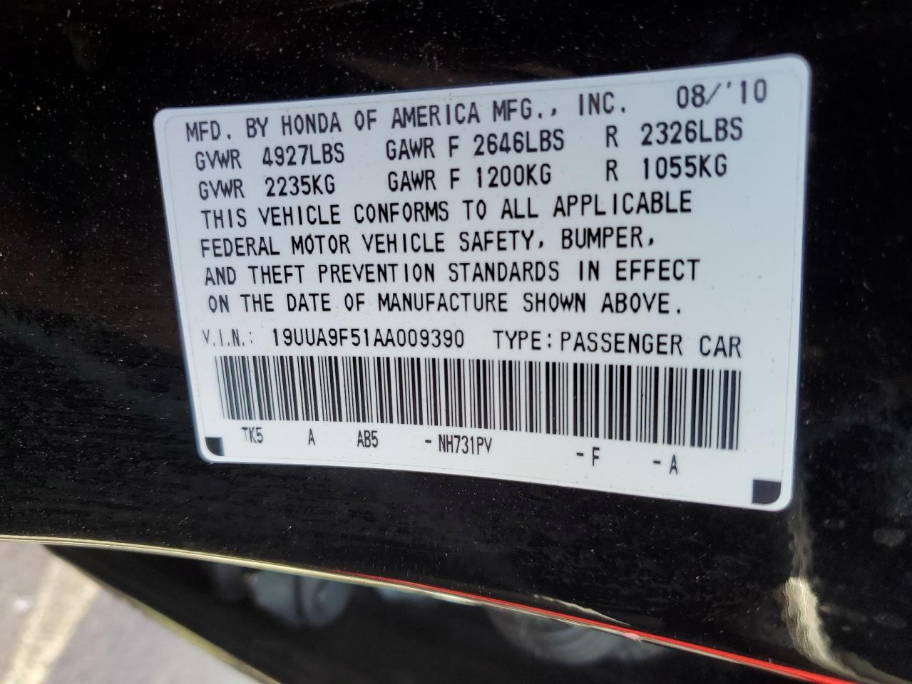 2010 Acura Tl VIN: 19UUA9F51AA009390 Lot: 70299764