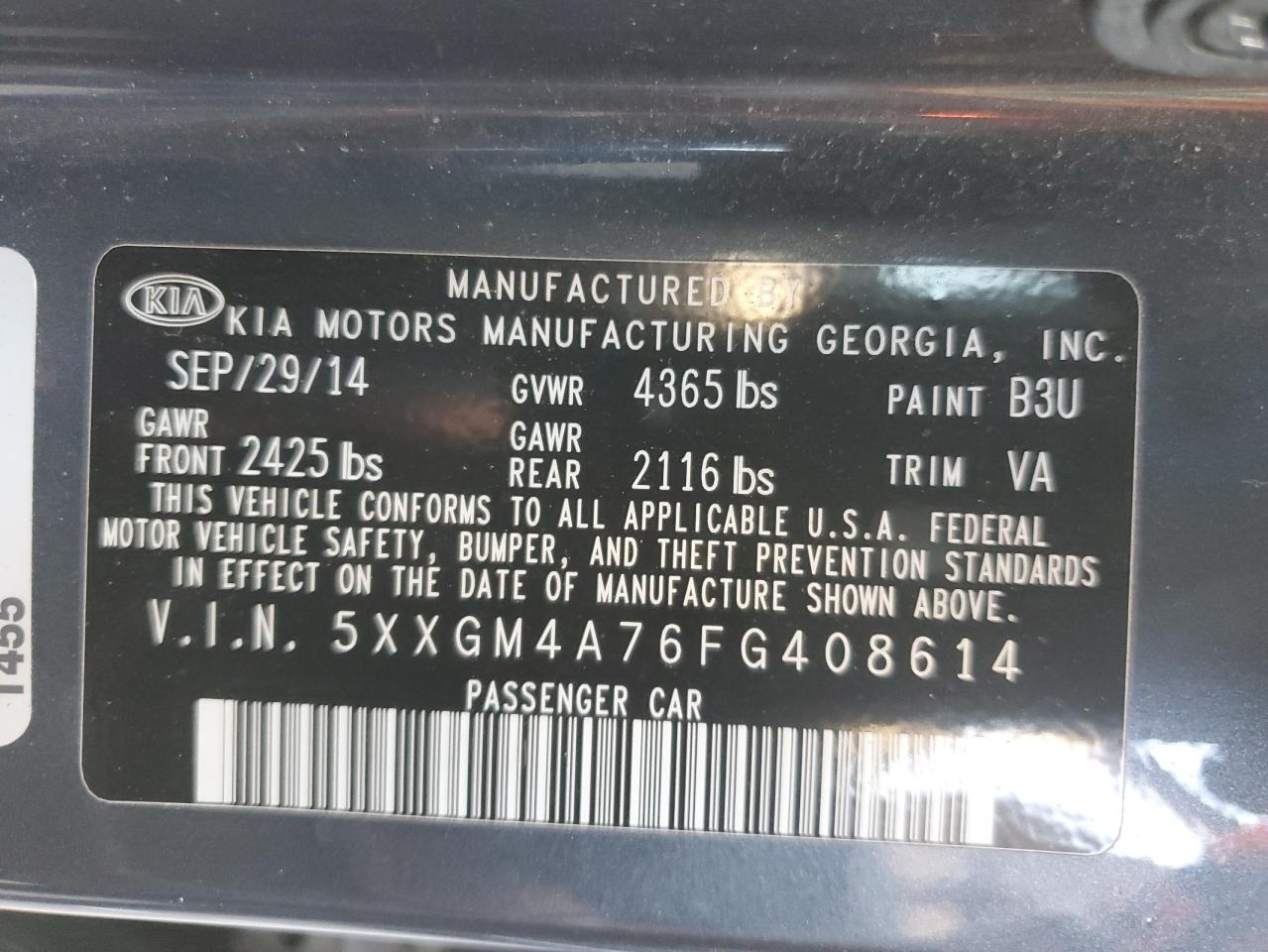 VIN 5XXGM4A76FG408614 2015 KIA OPTIMA no.12