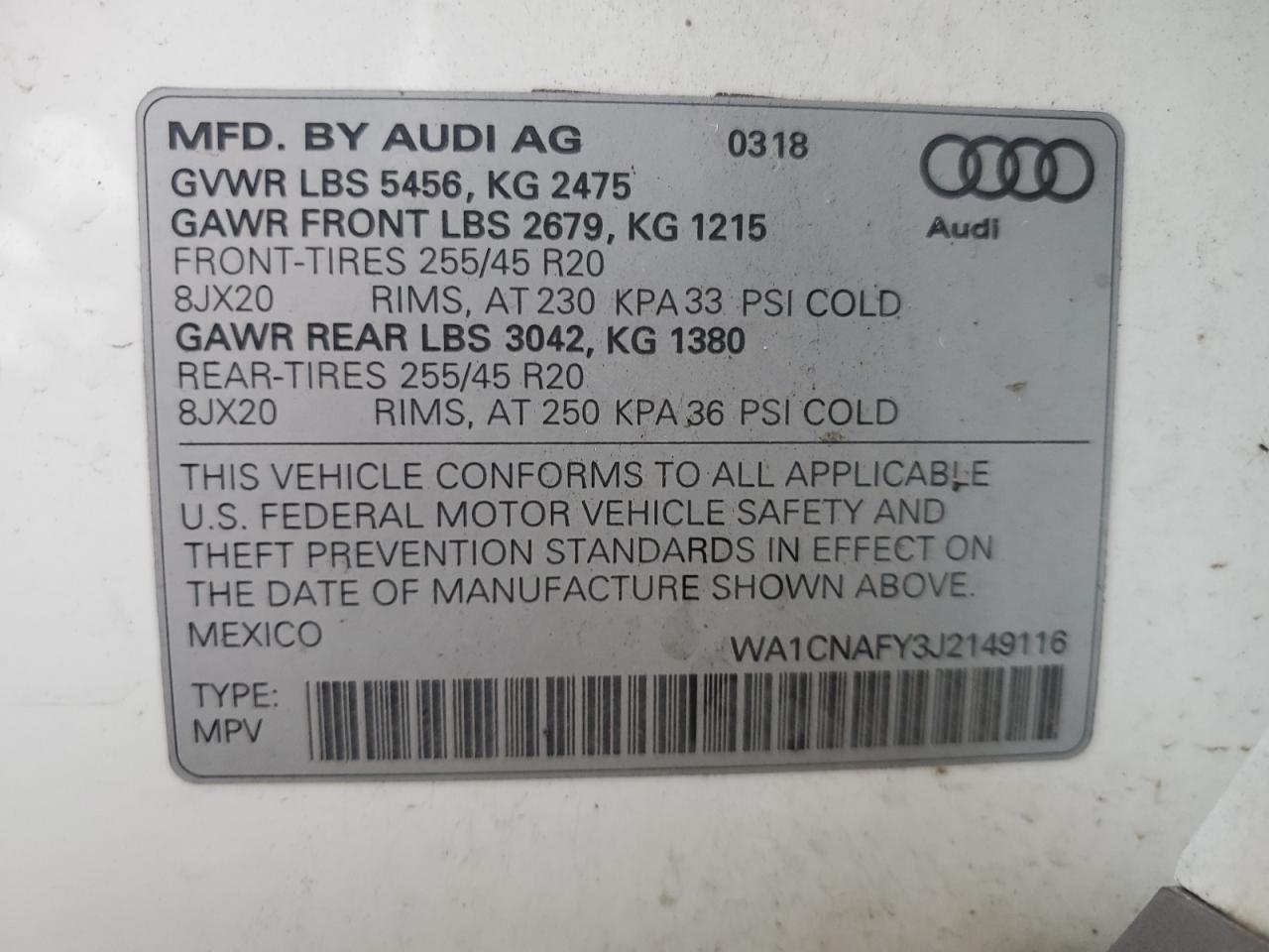 WA1CNAFY3J2149116 2018 Audi Q5 Prestige