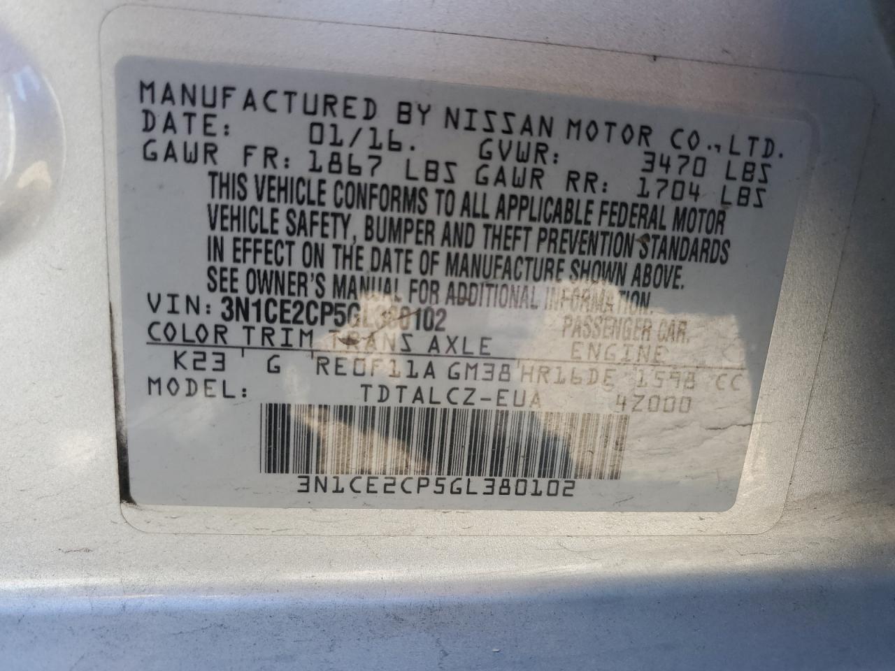 3N1CE2CP5GL380102 2016 Nissan Versa Note S