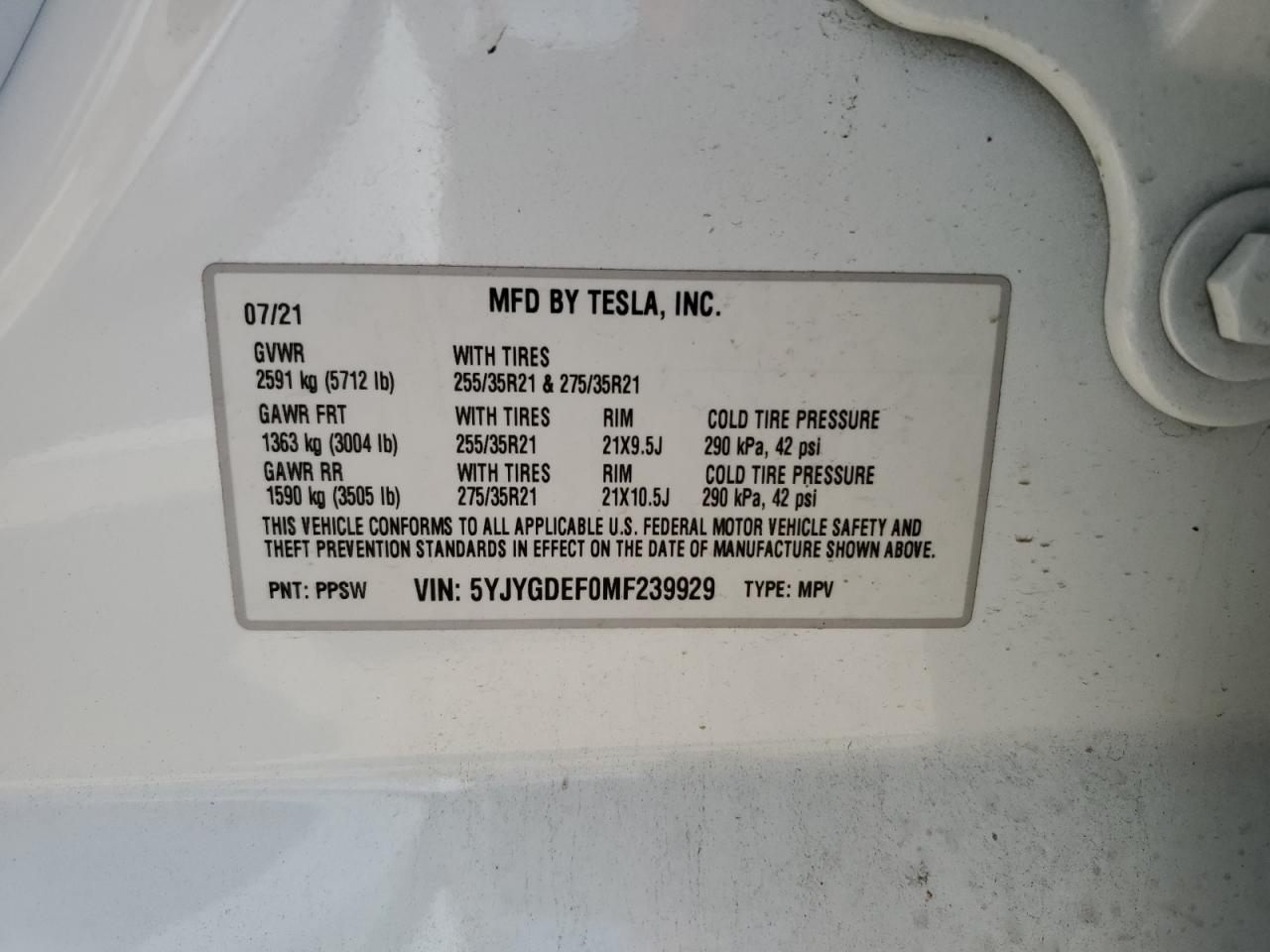 5YJYGDEF0MF239929 2021 Tesla Model Y