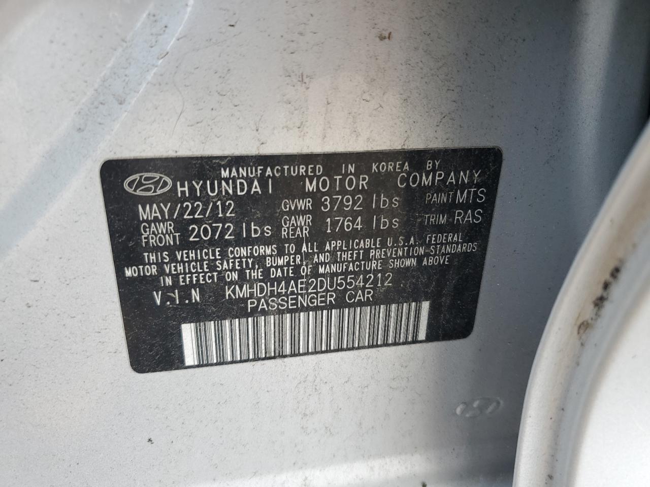 2013 Hyundai Elantra Gls VIN: KMHDH4AE2DU554212 Lot: 72276384