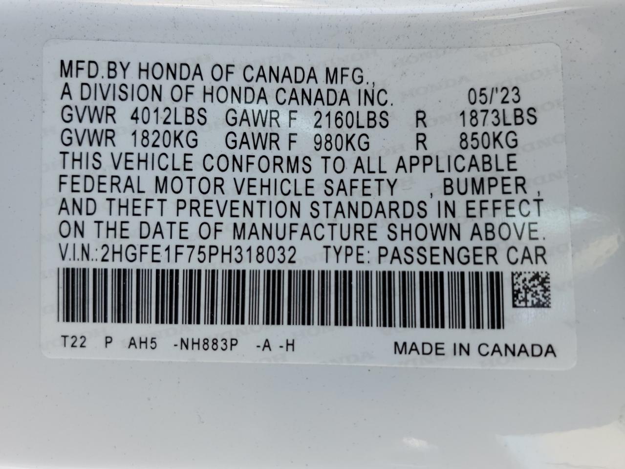 2HGFE1F75PH318032 2023 Honda Civic Ex