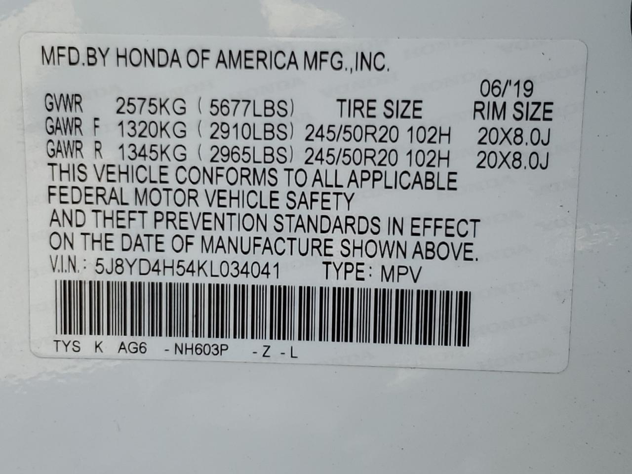 5J8YD4H54KL034041 2019 Acura Mdx Technology