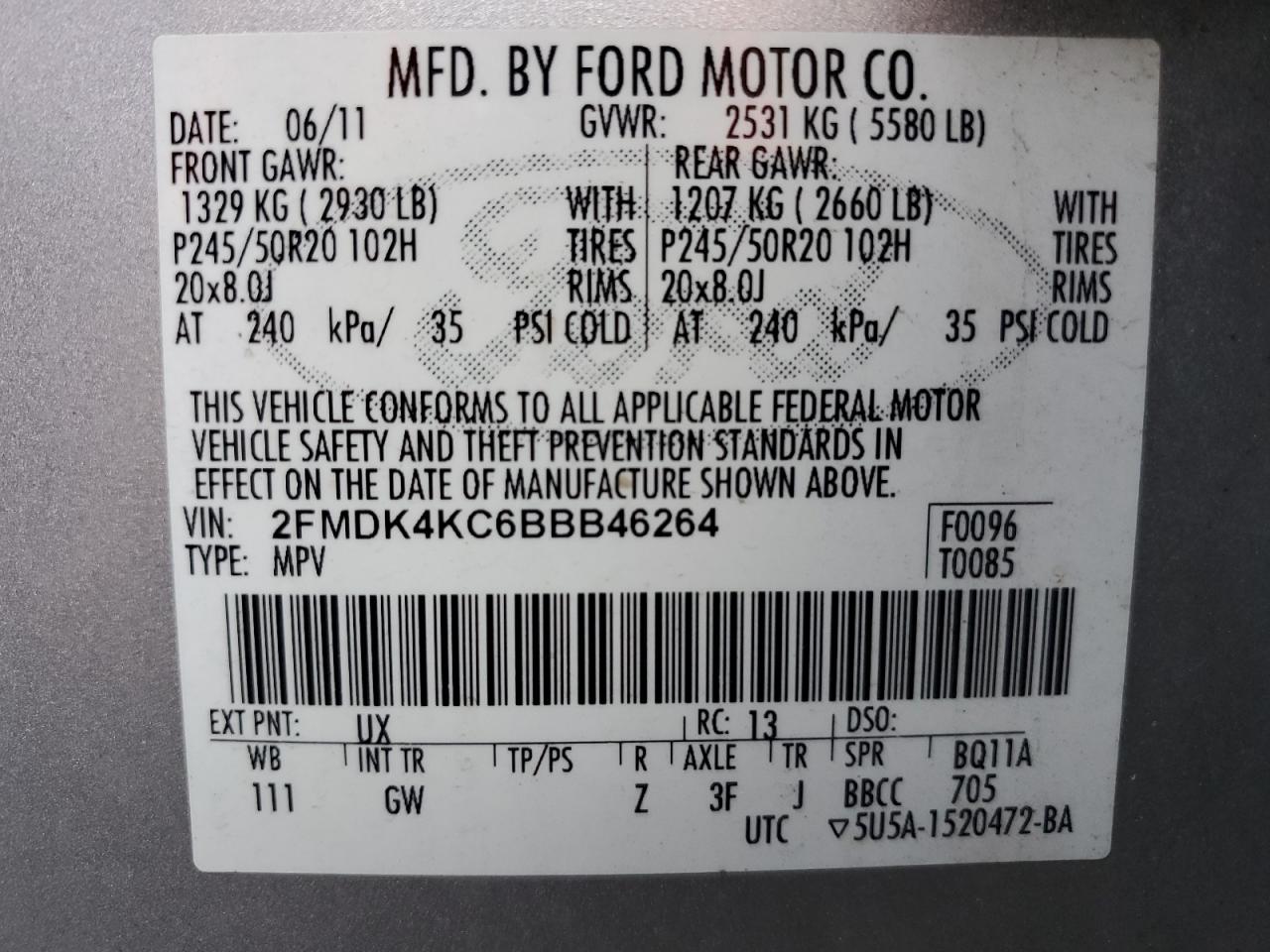 2011 Ford Edge Limited VIN: 2FMDK4KC6BBB46264 Lot: 69444394