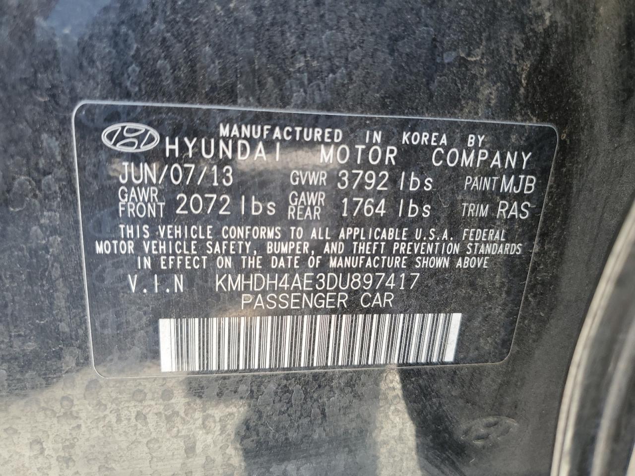 2013 Hyundai Elantra Gls VIN: KMHDH4AE3DU897417 Lot: 70102714