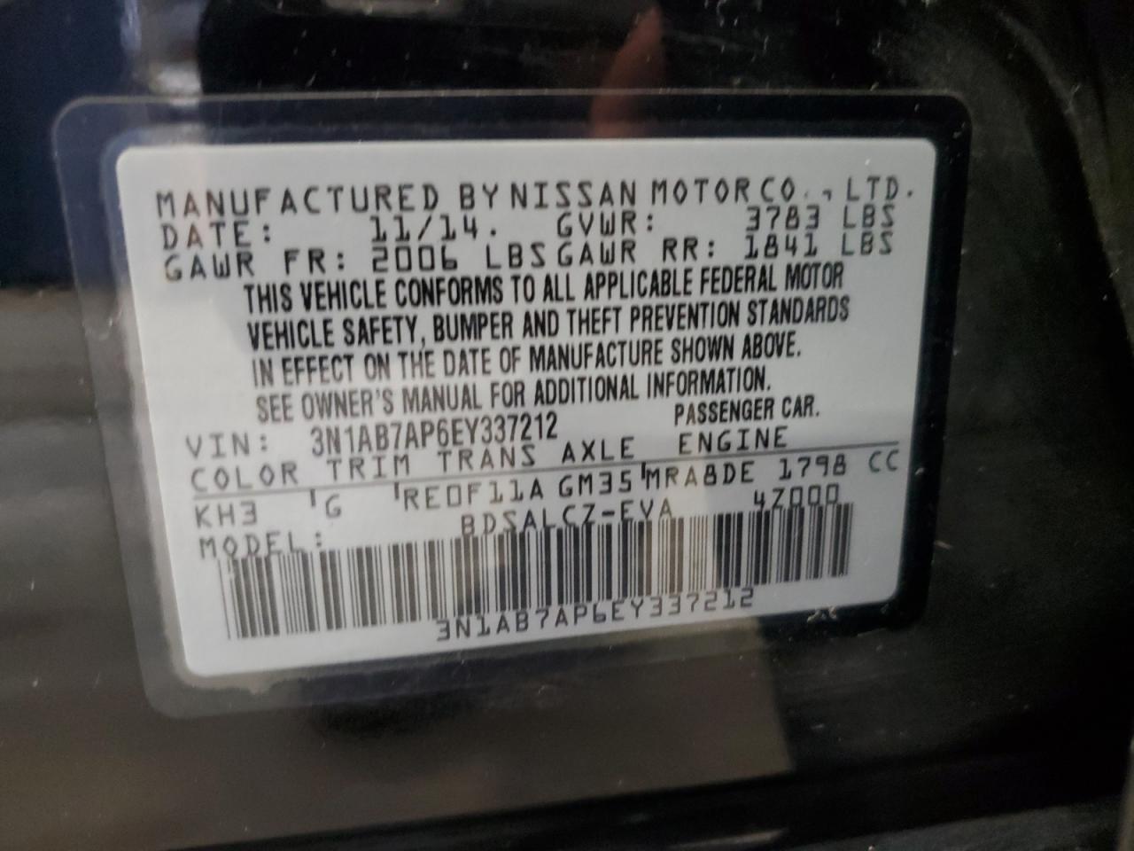 3N1AB7AP6EY337212 2014 Nissan Sentra S