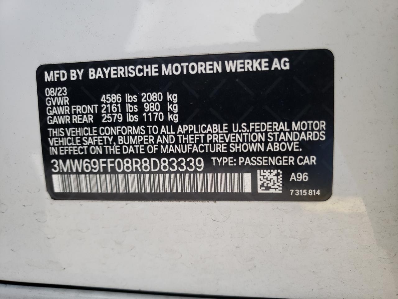 2024 BMW 330I VIN: 3MW69FF08R8D83339 Lot: 70063044