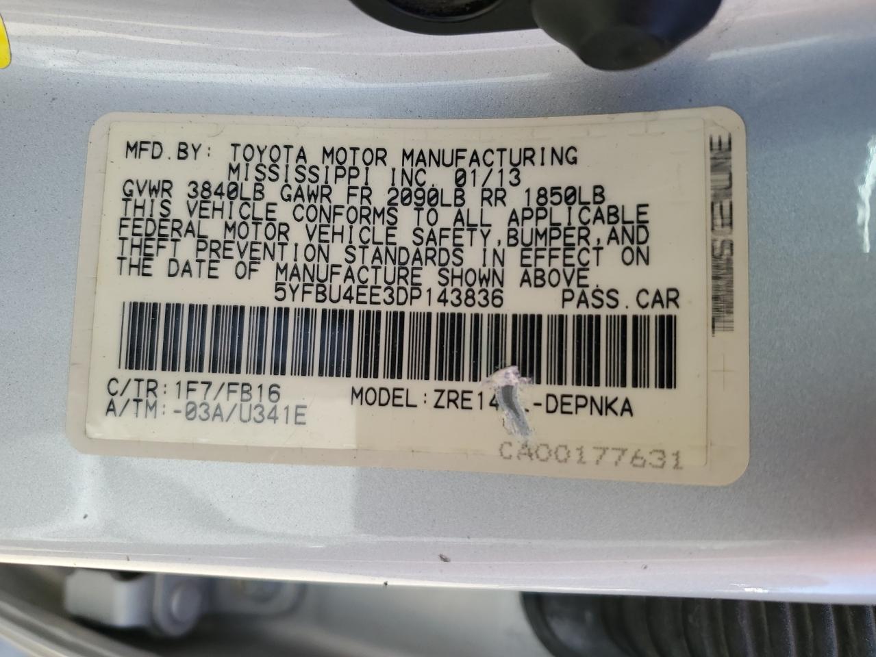 2013 Toyota Corolla Base VIN: 5YFBU4EE3DP143836 Lot: 73456714