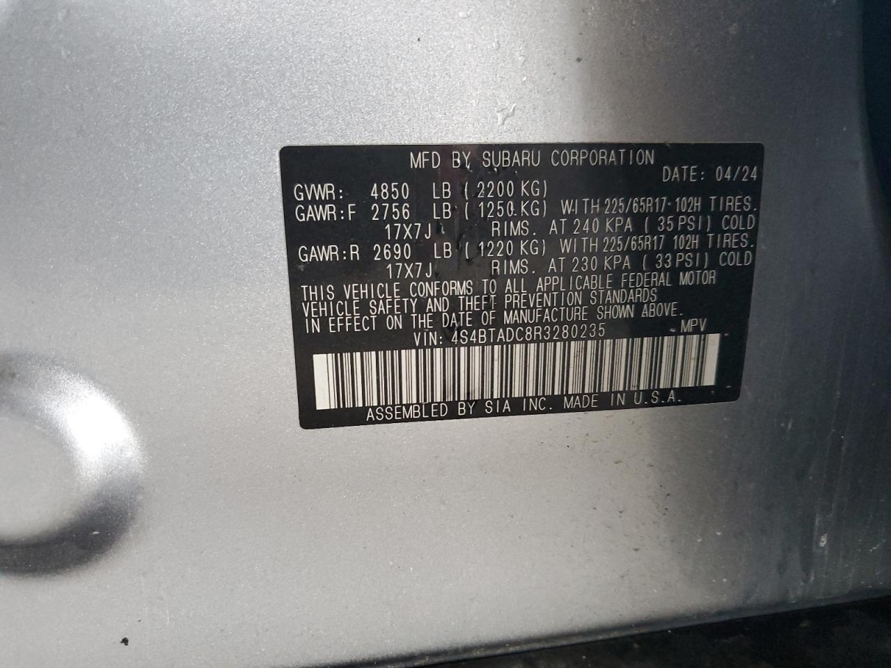 4S4BTADC8R3280235 2024 Subaru Outback Premium