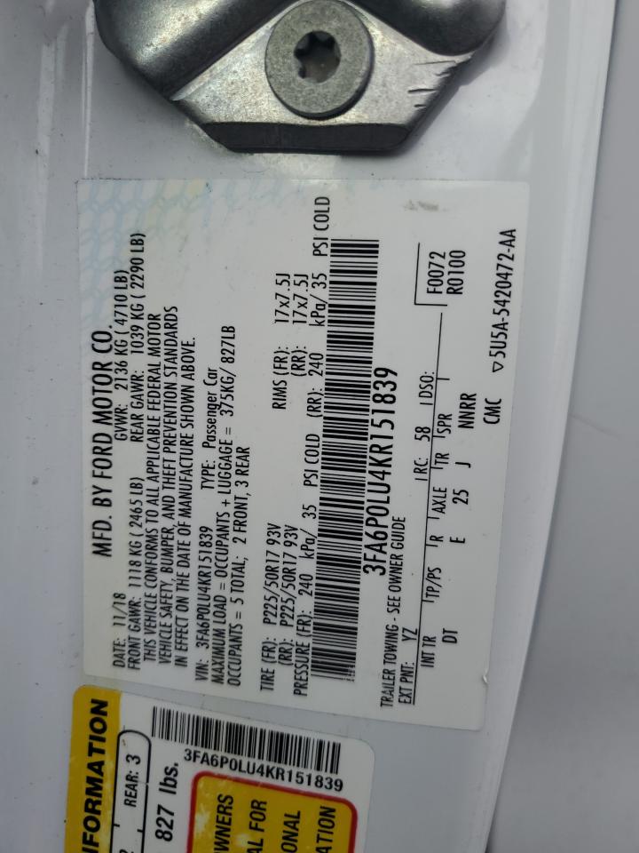 3FA6P0LU4KR151839 2019 Ford Fusion Se