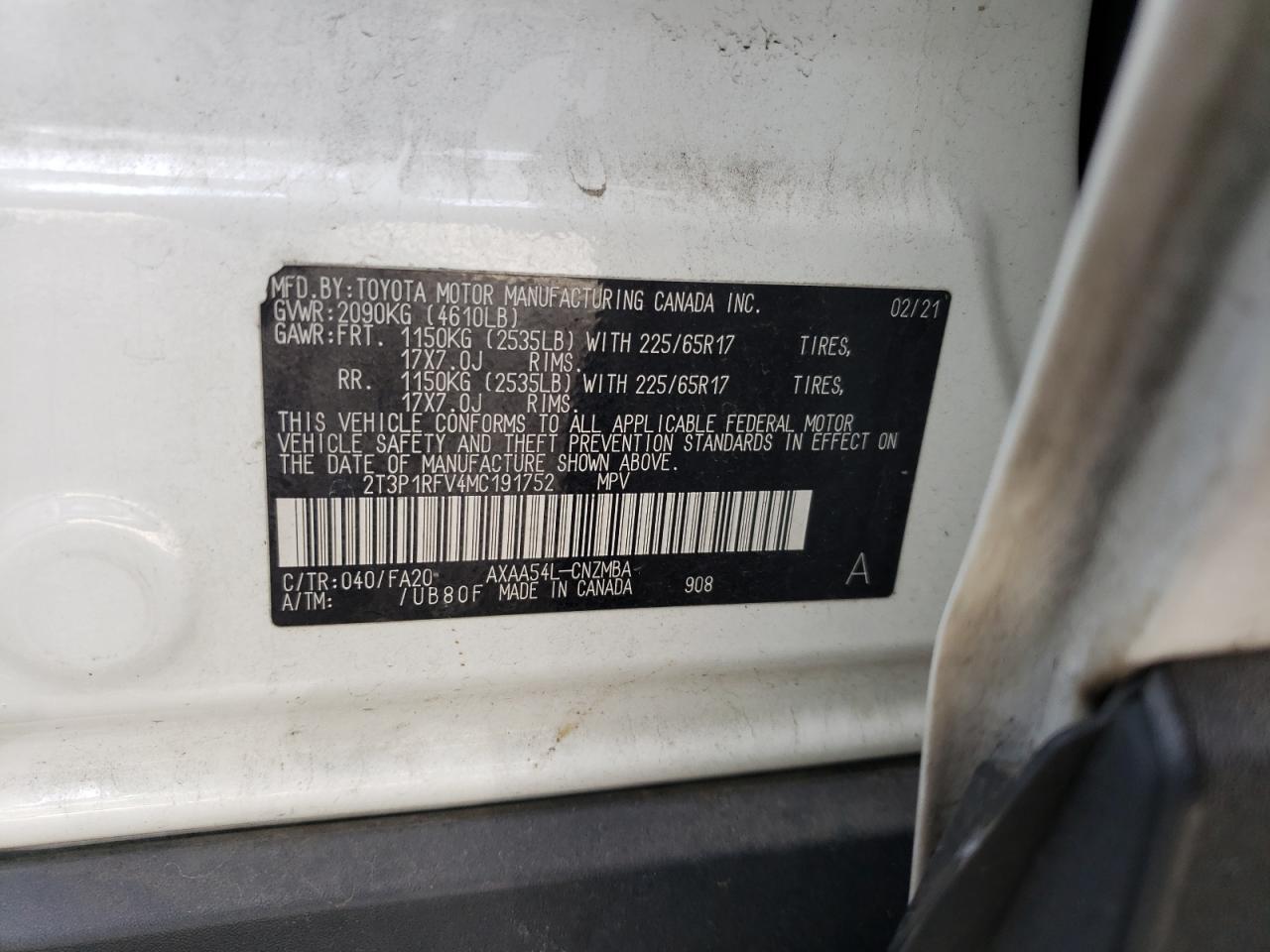 2T3P1RFV4MC191752 2021 Toyota Rav4 Xle