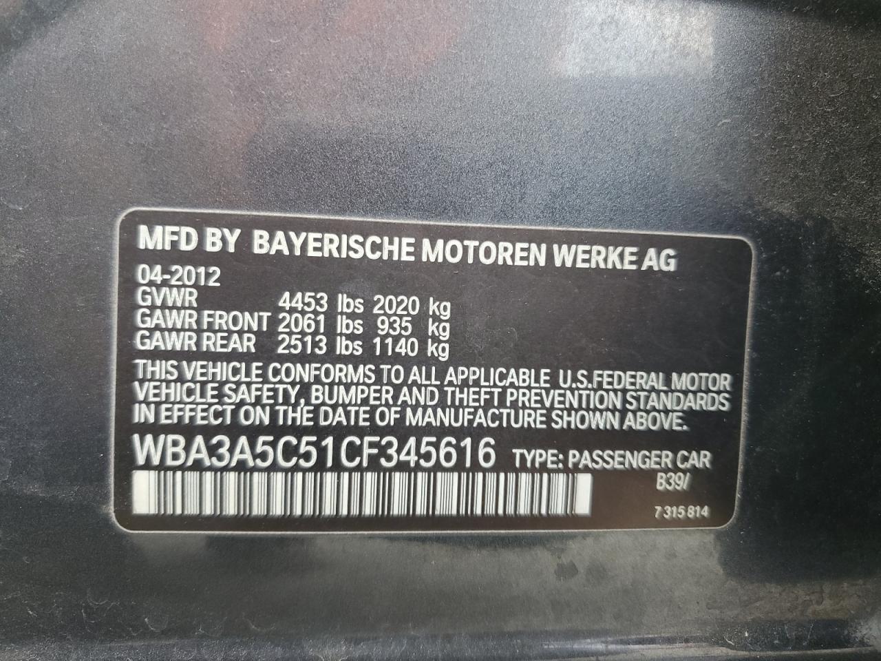 2012 BMW 328 I VIN: WBA3A5C51CF345616 Lot: 72390234