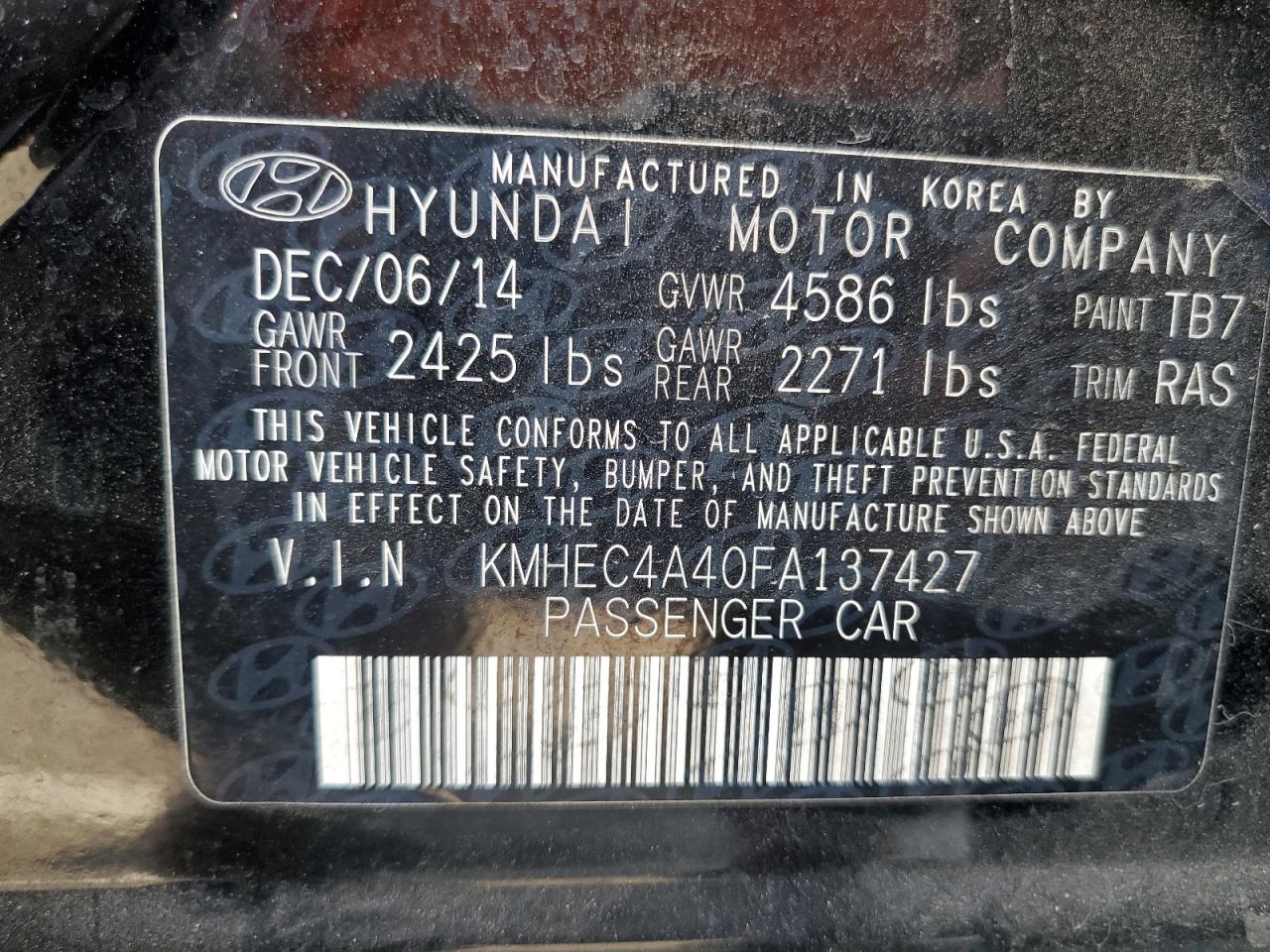 KMHEC4A40FA137427 2015 Hyundai Sonata Hybrid