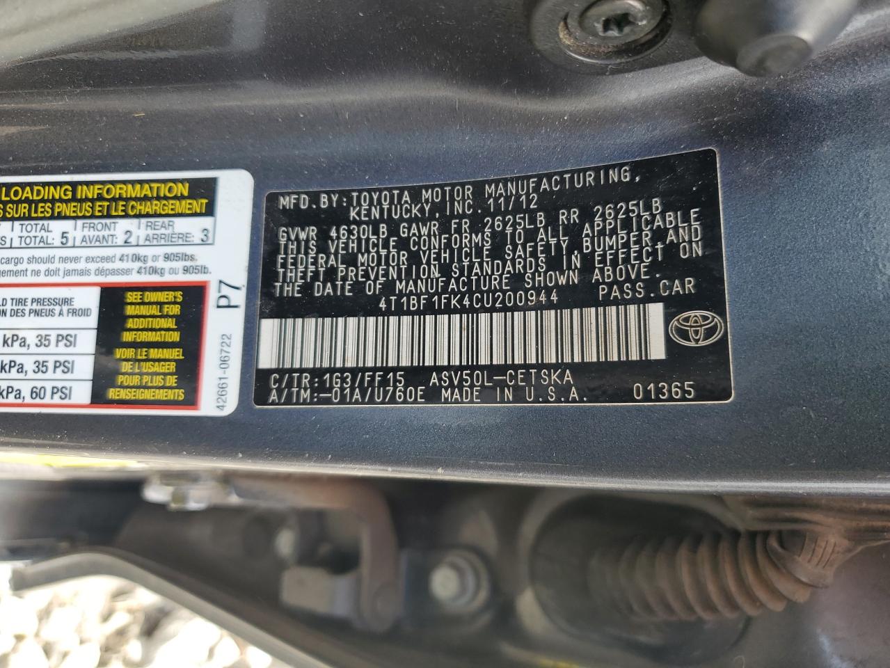 4T1BF1FK4CU200944 2012 Toyota Camry Base